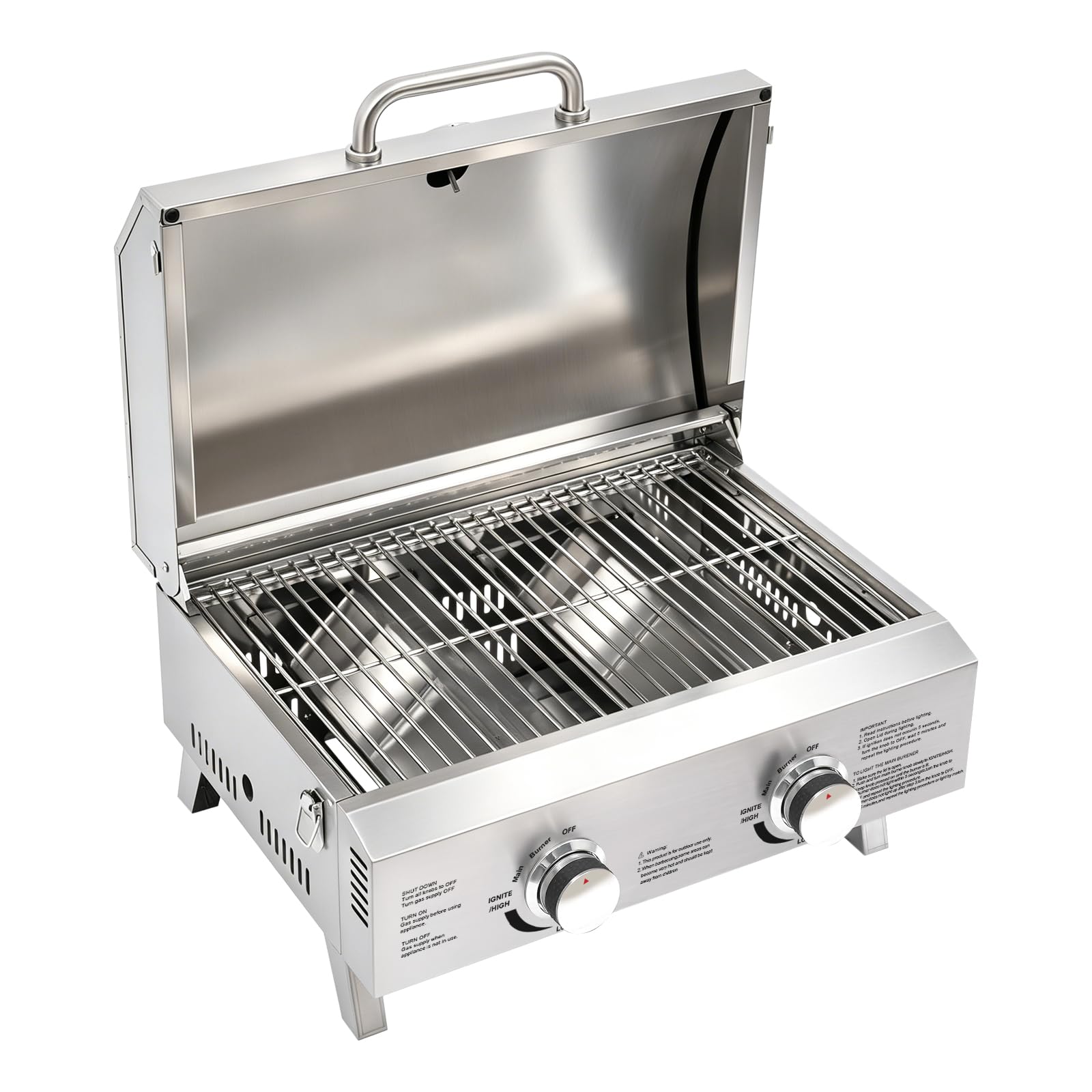 Barbacoa de Gas, 2 Quemadores, Acero Inoxidable y Piedra para Pizza | Barbacoa de gas de mesa con 2 quemadores, acero inoxidable, plegable y con piedra para pizza, ideal para exteriores.
