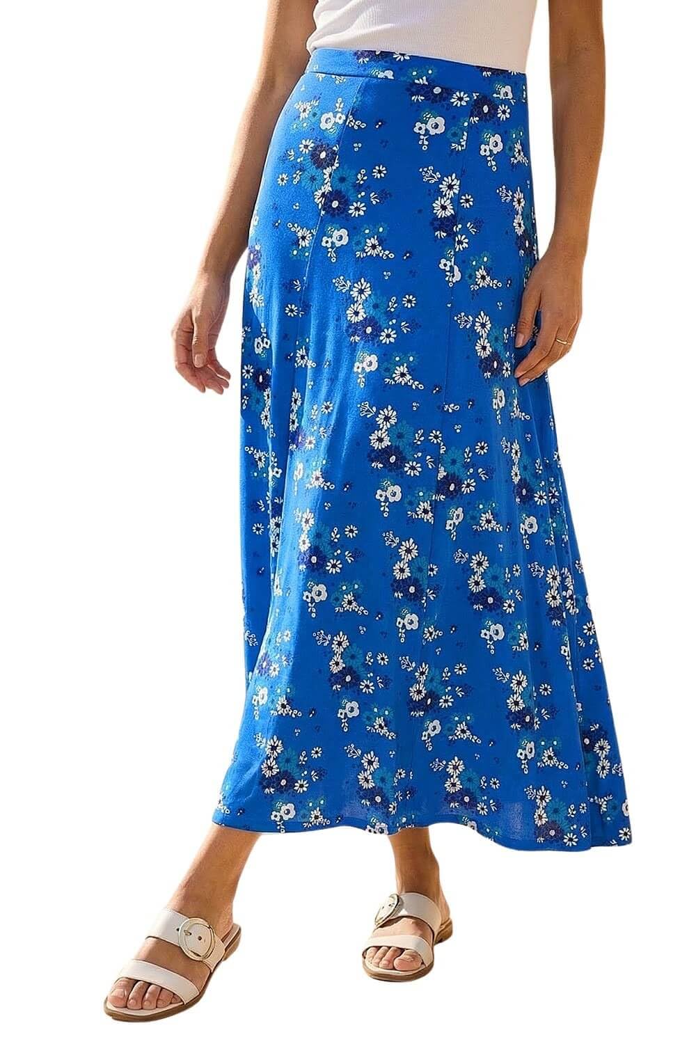 Roman Jersey Skirt for Women UK - Ladies Midi Maxi Floral Animal Print Autumn Winter Swing Smart Casual Office Cocktail Party Going Out Evening Holiday Cruise - Size 12 - Ditsy Royal Blue
