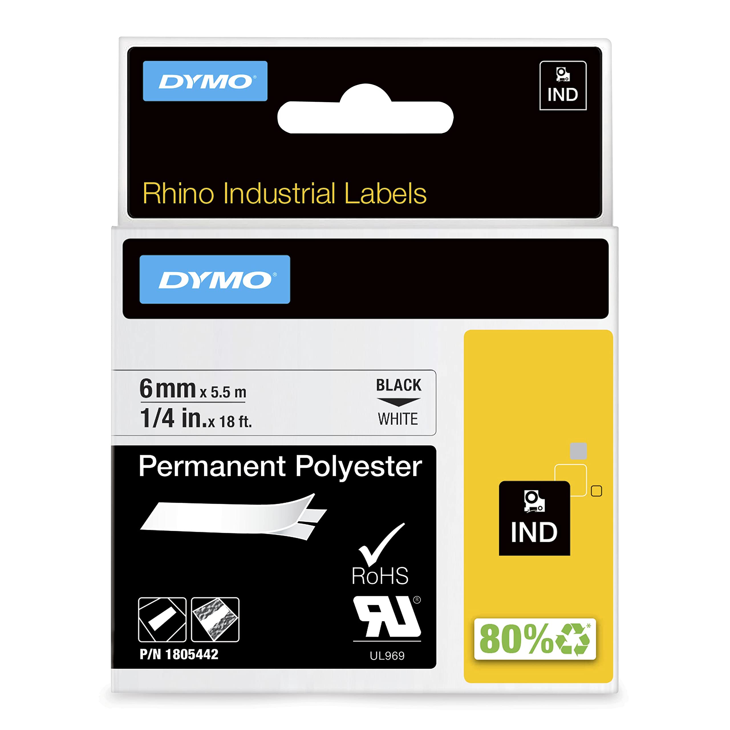 DYMO Rhino Permanent Adhesive Polyester Label Tape, 1/4 Inch, Black on White