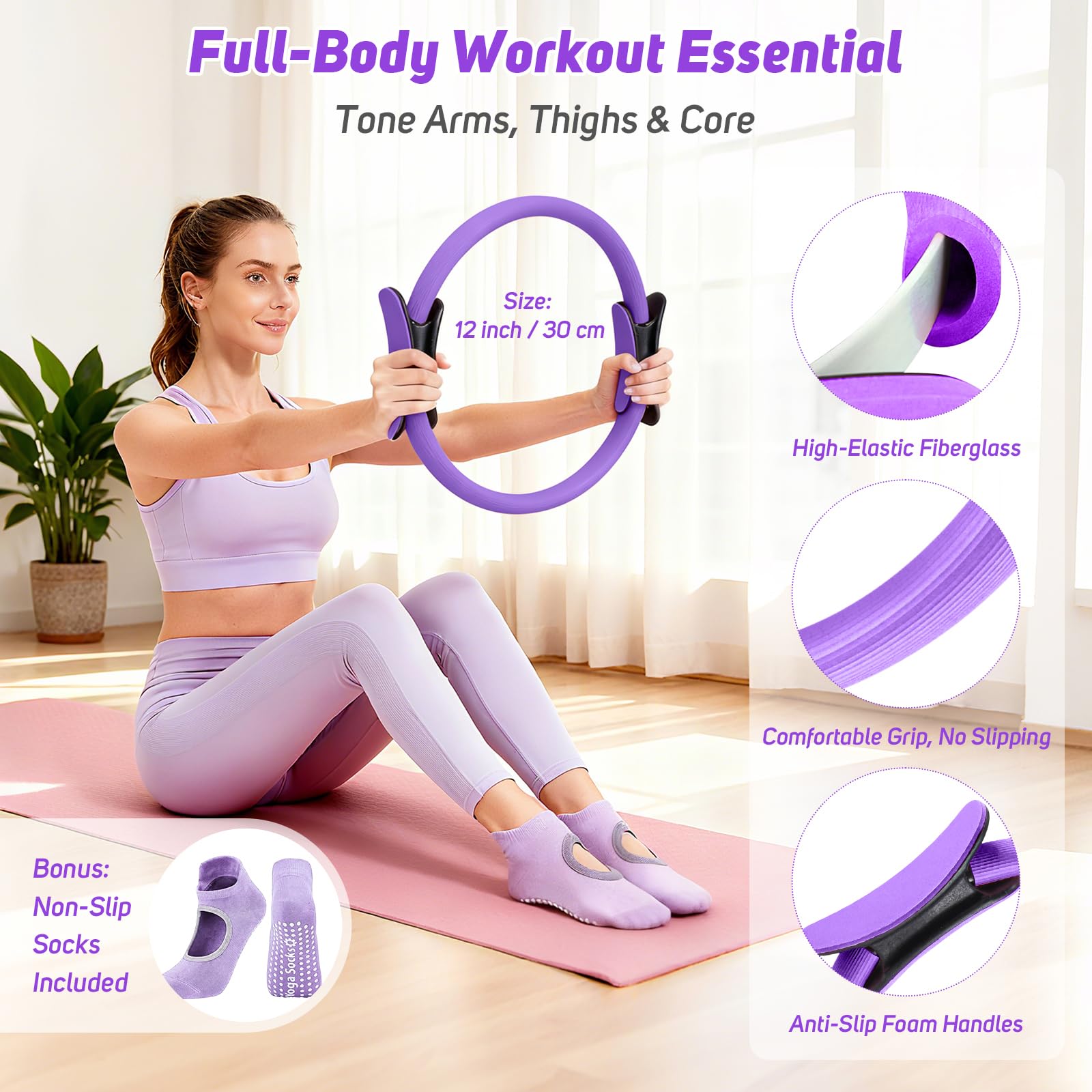 Asten Kit de pilates à domicile pour femme : équipement de Pilates, anneau et balle de Pilates avec bandes de résistance, curseur de base, rouleau en mousse, kit essentiel de pilates pour entraînement