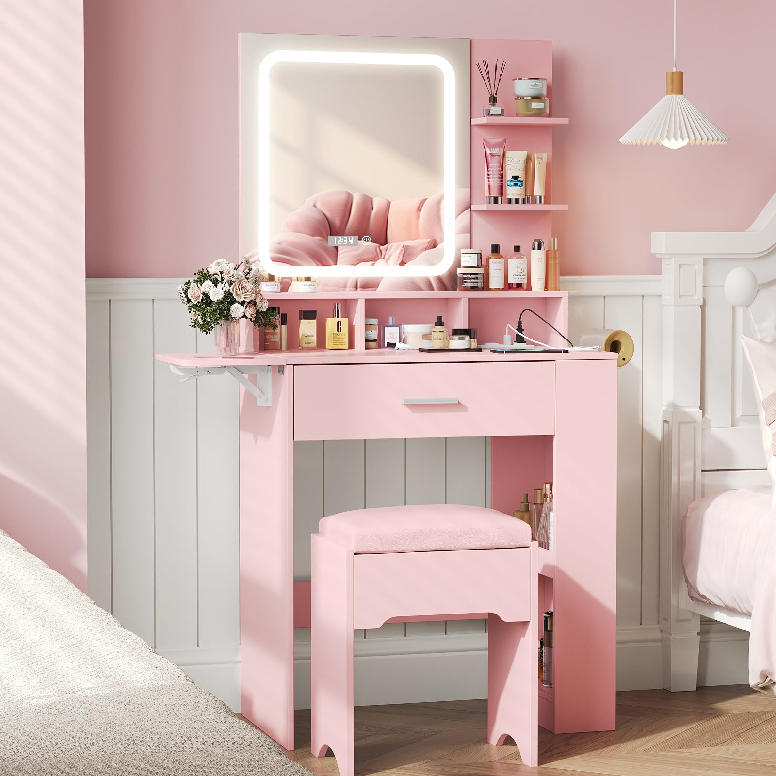 Vabches Makeup Vanity with Mirror and Lights, Small Vanity Desk with with Drawer Lots Storage, Vanity Set with Storage Drawer, Chair and Three Shelves