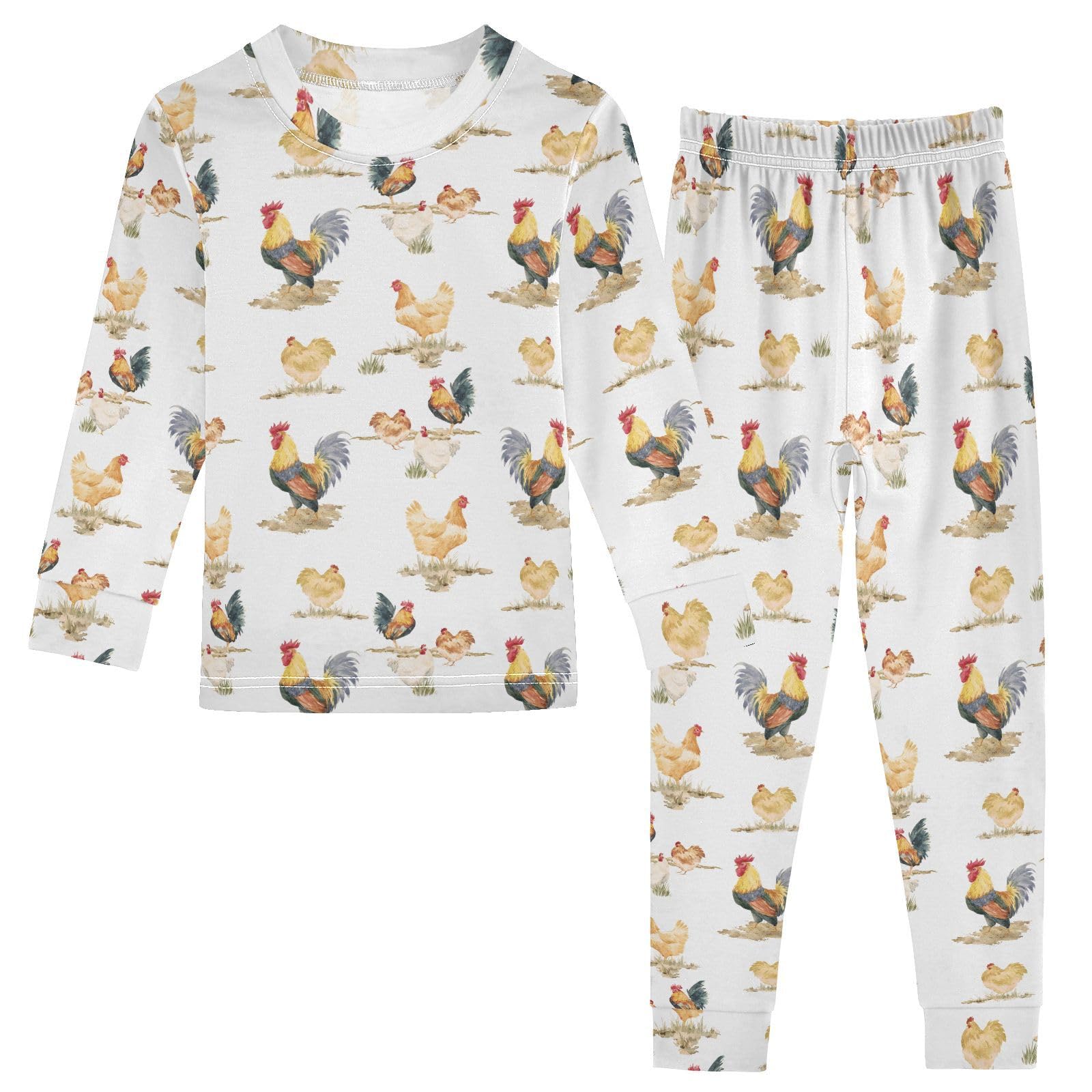 JHKKU Farm Rooster Hen Pajamas Set Cotton 2 Piece Soft Comfy Pjs Long Sleeve Lounge Sleepwear 3T