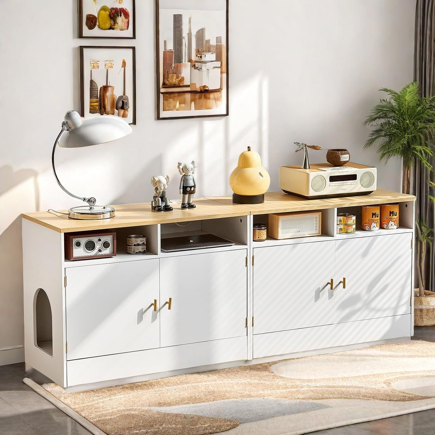 Cat Litter Box Enclosure for 2 Cats, TV Stand with Storage & Outlet, 63" Double Litter Box Enclosure Furniture, Wooden Enclosed Litter Box Cabinet, 63”L x 15.7”W x 23.6”H, White & Wood