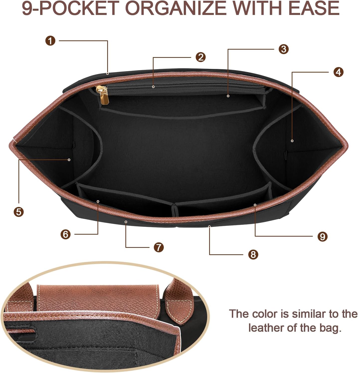 Felt Purse Organizer Insert for Longchamp Le Pliage L Bag Handbag Leather edge Longchamp Organizer Insert (Black, Large) - Image 4