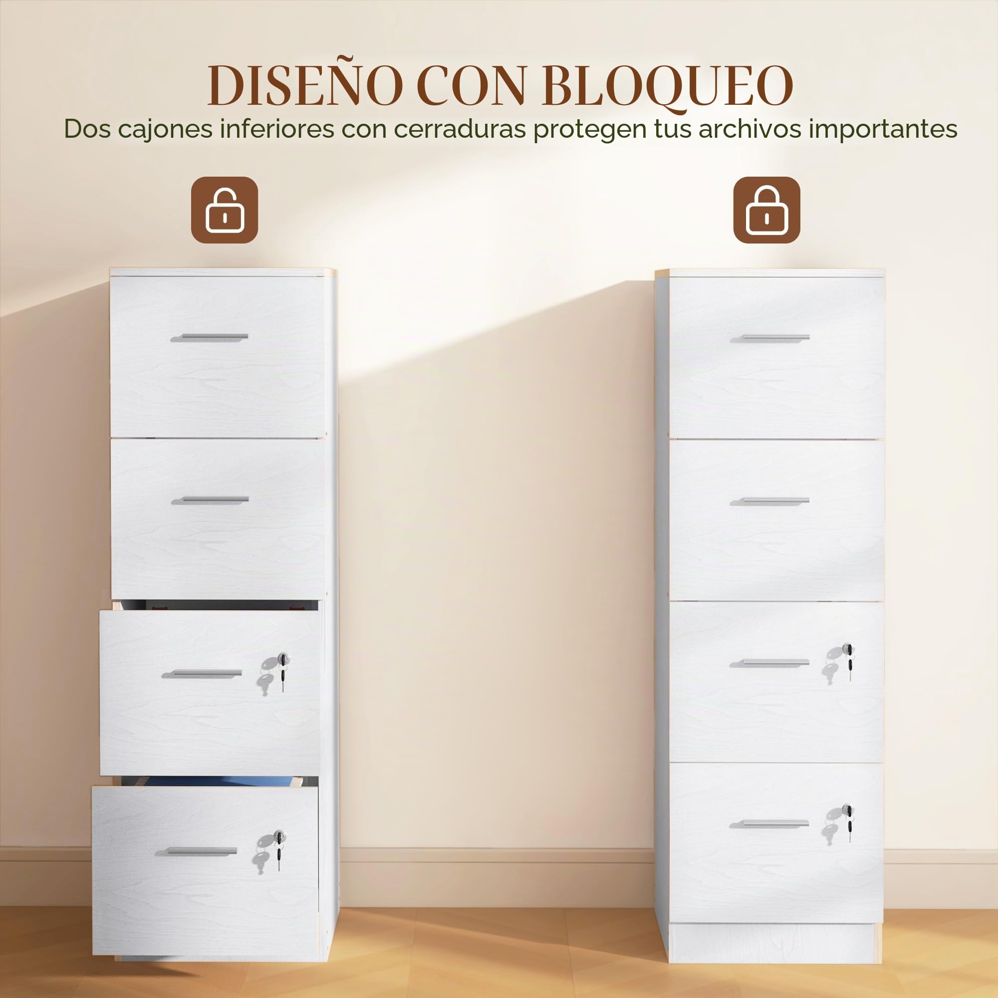 HOMCOM Archivo, 4 cajones, archivador vertical, efecto madera de fresno