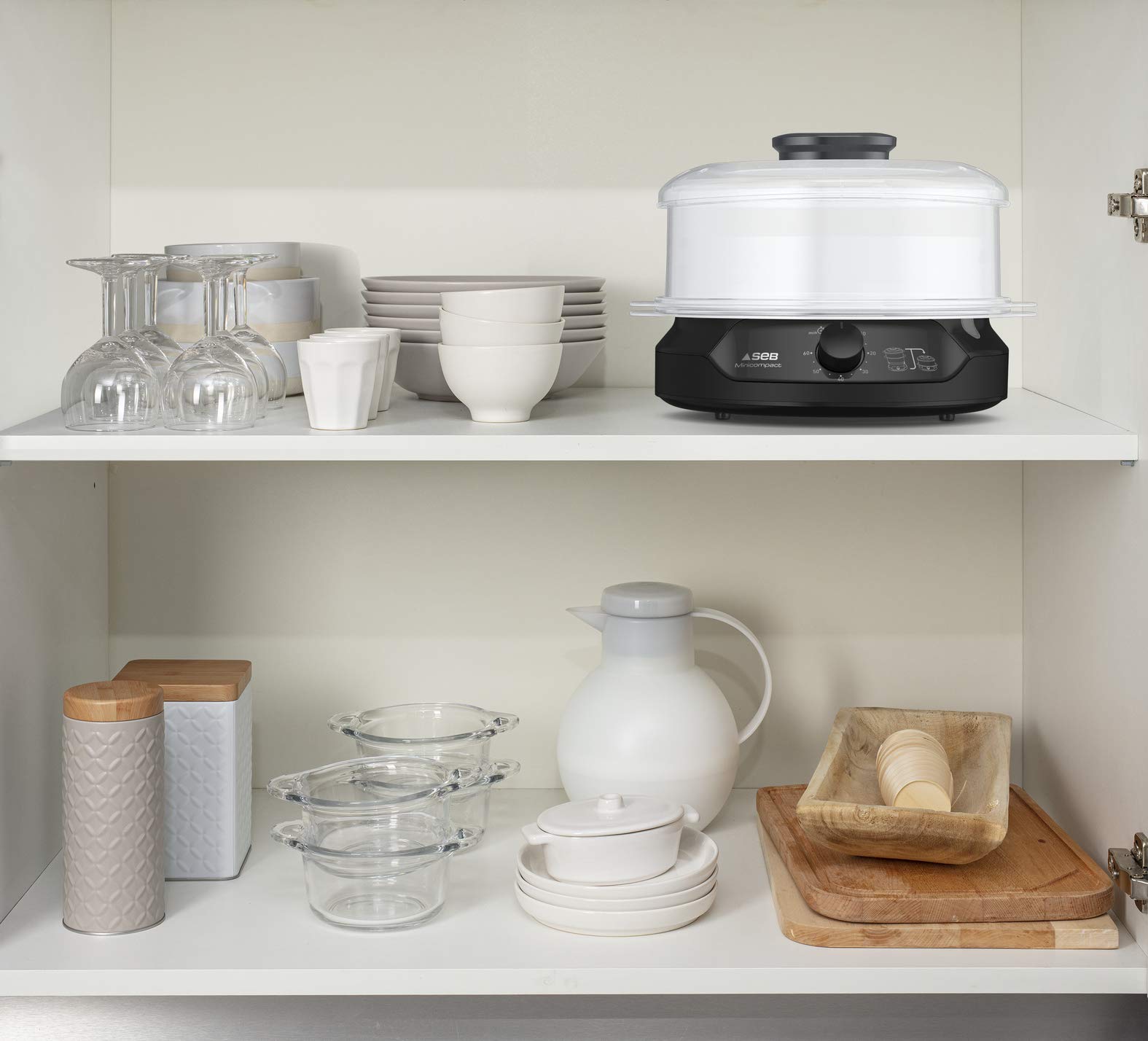 Seb Ultracompact Cuiseur vapeur, Cuisson saine, 9 L, 800 W, 3 bols empilables, Bac à riz et céréales, Minuteur 60 min, Arrêt automatique, Niveau d'eau visible, Facile à ranger VC204800
