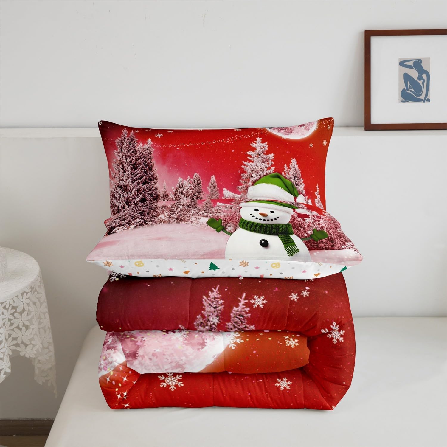 Feelyou Kids Merry Christmas Decorations Full Size Comforter Set Xmas Snowman Bedding Set Red Quilt Set Soft Warm Lightweight Duvet Set image 3