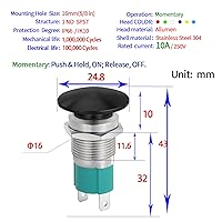 Vista 3 de Interruptor de botón de presión momentáneo de 10 amperios 16 mm en forma de hongo negro resistente al agua IP66 5V-250V CC/CA SPST de acero