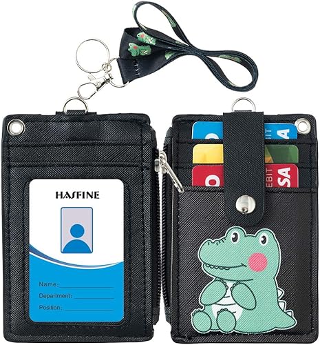 HASFINE - Soporte para tarjetas de identificación con zíper, tarjetero de piel, tarjetero con zíper, 2 caras, 5 ranuras para tarjetas y llavero para