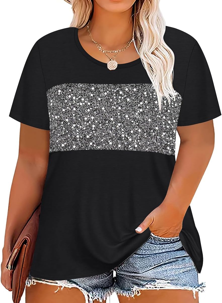CARCOS Plus Size Tops for Women Short Sleeve Summer Pullover Color Block Crewneck/V Neck Tee Tunic Loose Fit Tshirts XL-5XL