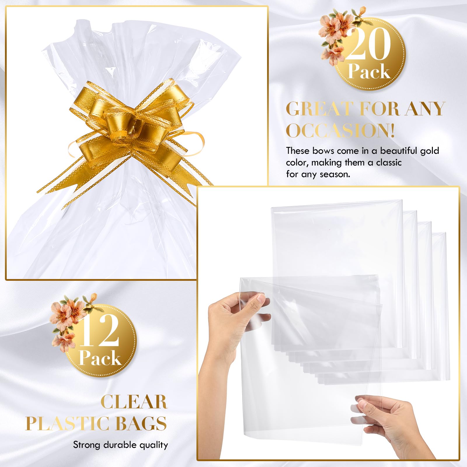 44 cestini vuoti per regali, il kit include 12 cesti regalo vuoti, 12 sacchetti di plastica per cesti regalo e 20 fiocchi da tirare per matrimoni, compleanni, Ringraziamento, Natale, feste, confezioni