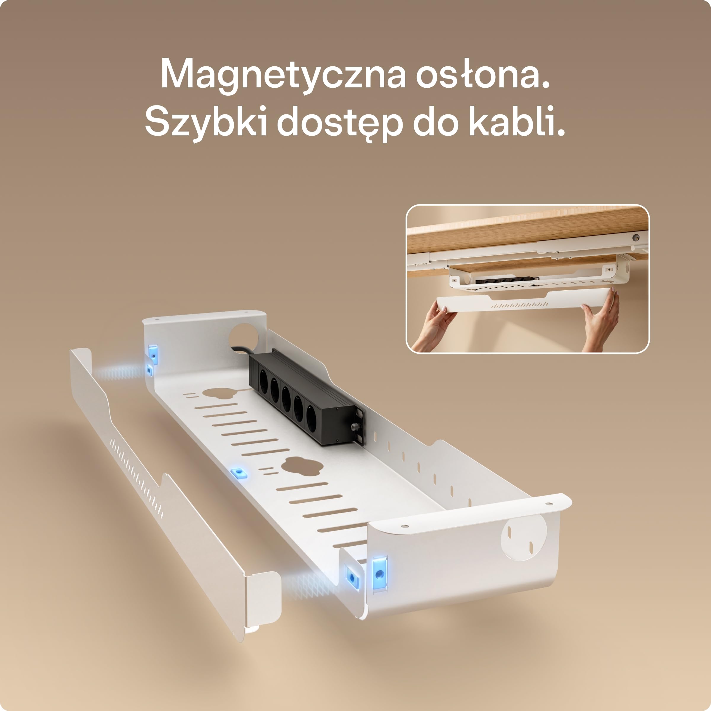 Cable Management Pro – Organizer kabli pod biurko z wbudowaną listwą zasilającą, stalowa tacka na kable z magnetyczną osłoną, wentylowana konstrukcja, łatwy montaż