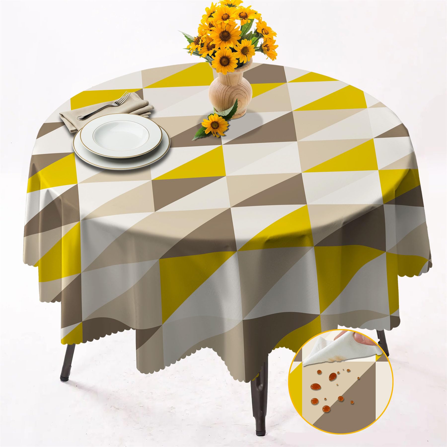 OliveSleep Round Tablecloth 152cm Wrinkle Free Washable Polyester Table Cloth for Circular Table, Home Dining Party Use,Abstract Triangles Round Wipe Clean Tablecloth 60 Inches (Color 17)
