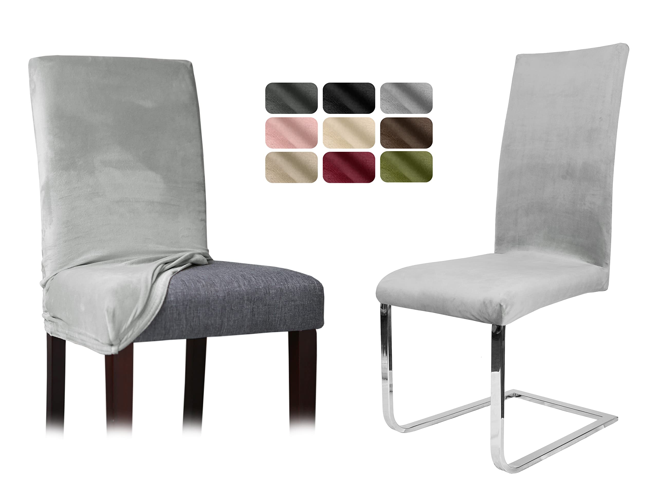 BEAUTEX Stuhlhussen Samt Stretch Stuhl & Schwingstuhl 4er Set Hellgrau LEA | 95% Polyester, 5% Elasthan, weiche Velours-Oberfläche, Rundum-Gummizug, 30 °C waschbar, faltenarm, formstabil & langlebig