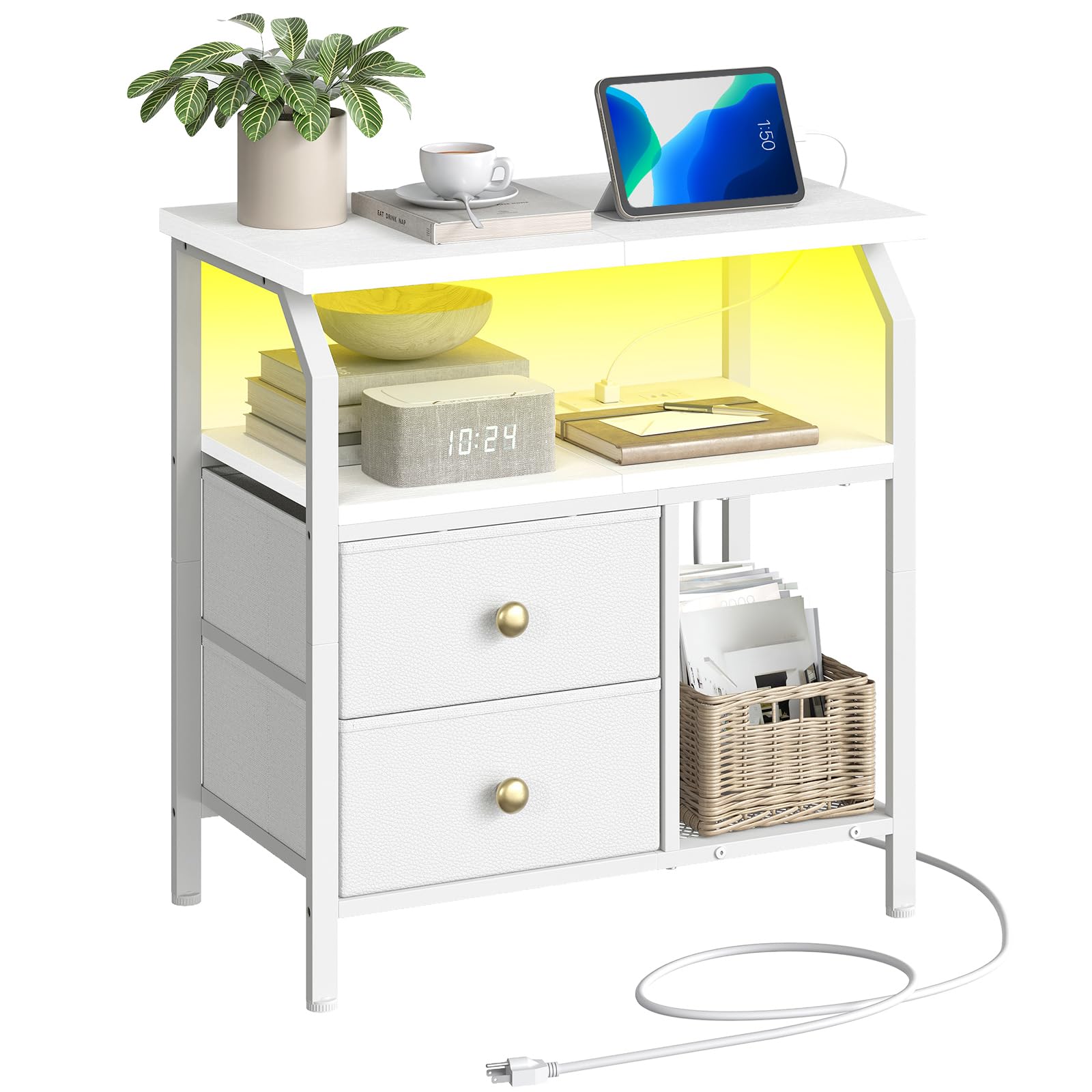 HOOBRO WT160UDBZ01 Nightstand in a living room setting with a lamp and tablet on top, and books in the open shelf.