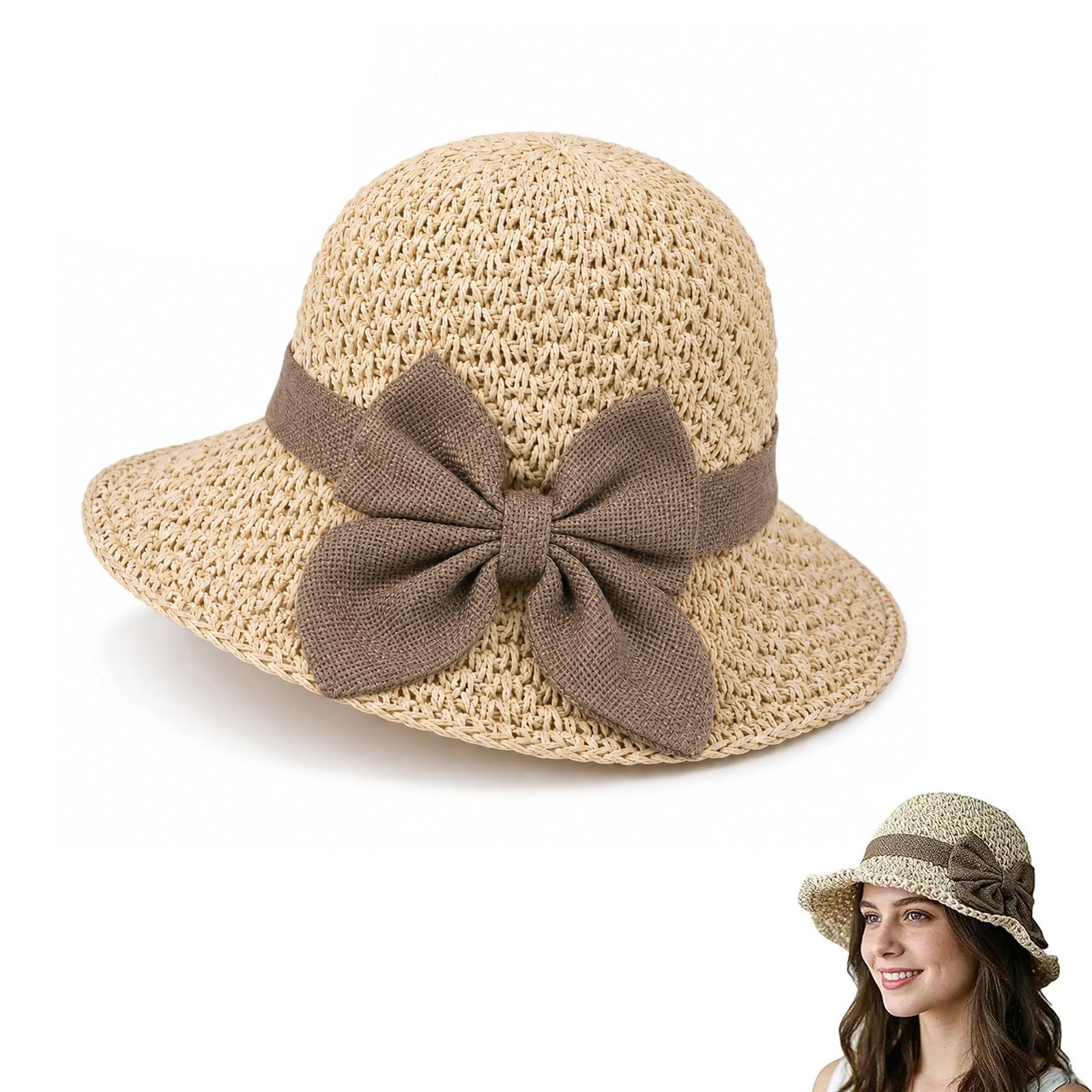 Ehoter Women's Beige Straw Bucket Hats For Packable Wide Brim Beach Hat With Bow Foldable Braided Elegant French Sun Hat For Summer Outdoor Travel Vacation (Beige)