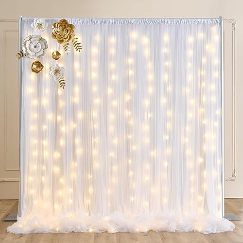 Paneles de cortina tipo telón de tul blanco de 20 x 10 pies con luces, telón de fondo de doble capa, cortinas de tul de poliéster sin arrugas para
