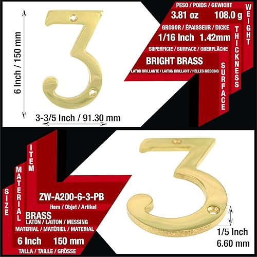 Miniatura 3 de ZW Hardware A200 6 pulgadas latón brillante casa número 3