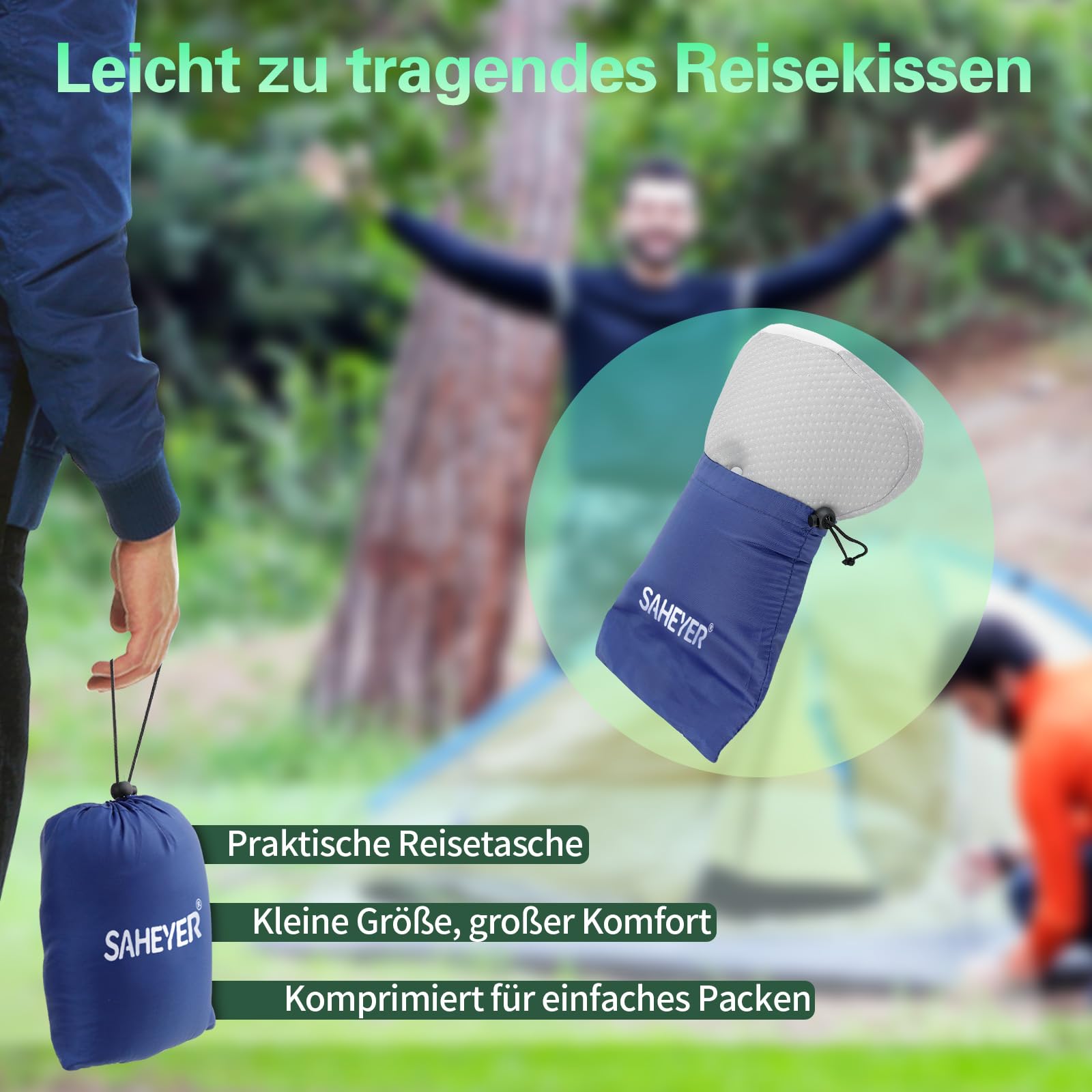 SAHEYER Reisekissen Memory Foam, Ergonomisches Camping Kissen, Orthopädisches Nackenkissen Kopfkissen für für Camping, Zelten, Outdoor & Urlaub (Grau)