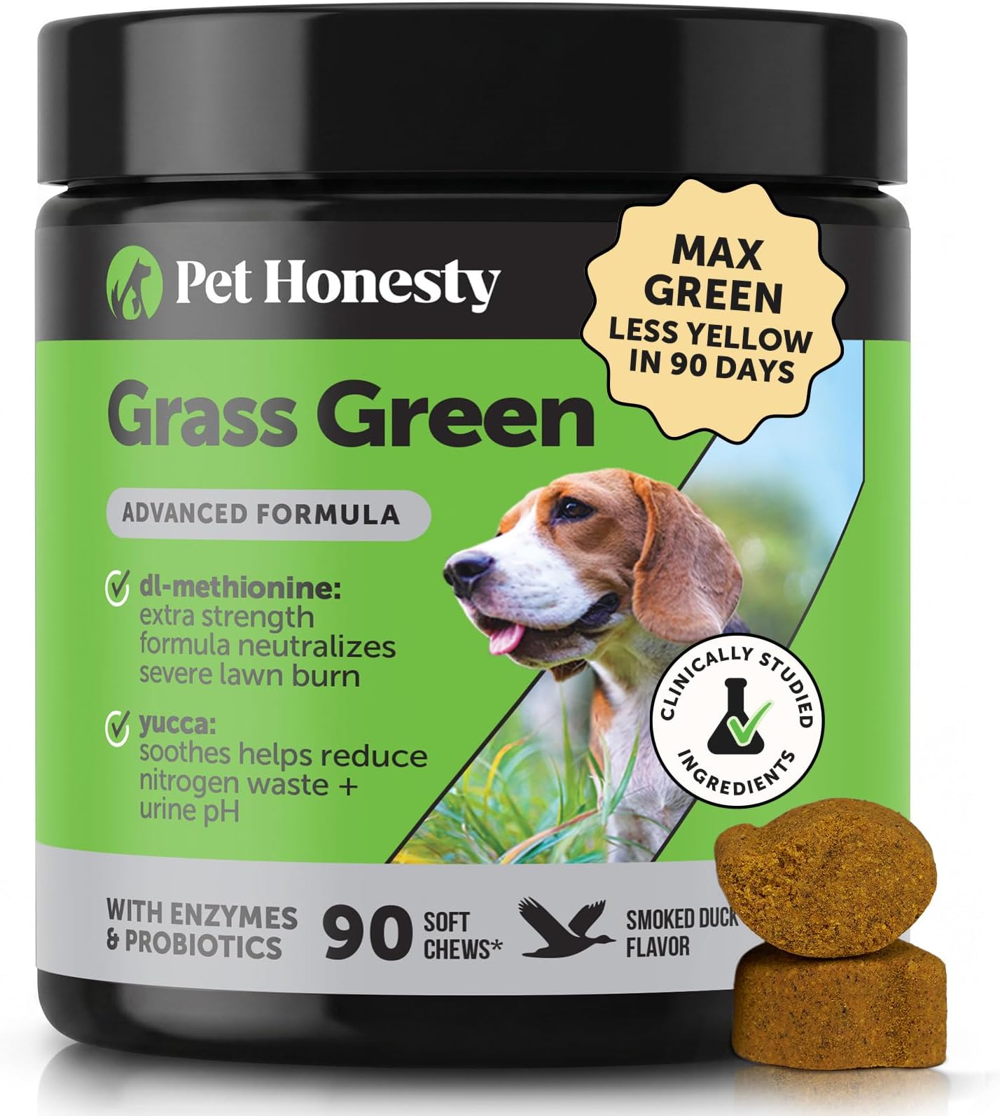 Grass Green Max Strength Burn Spot Chews for Dogs - Premium Formula - Dog Pee Lawn Spot Saver Supplement Caused by Dog Urine, Supports Healthy Digestion w/Probiotics + DL-Methionine -90ct