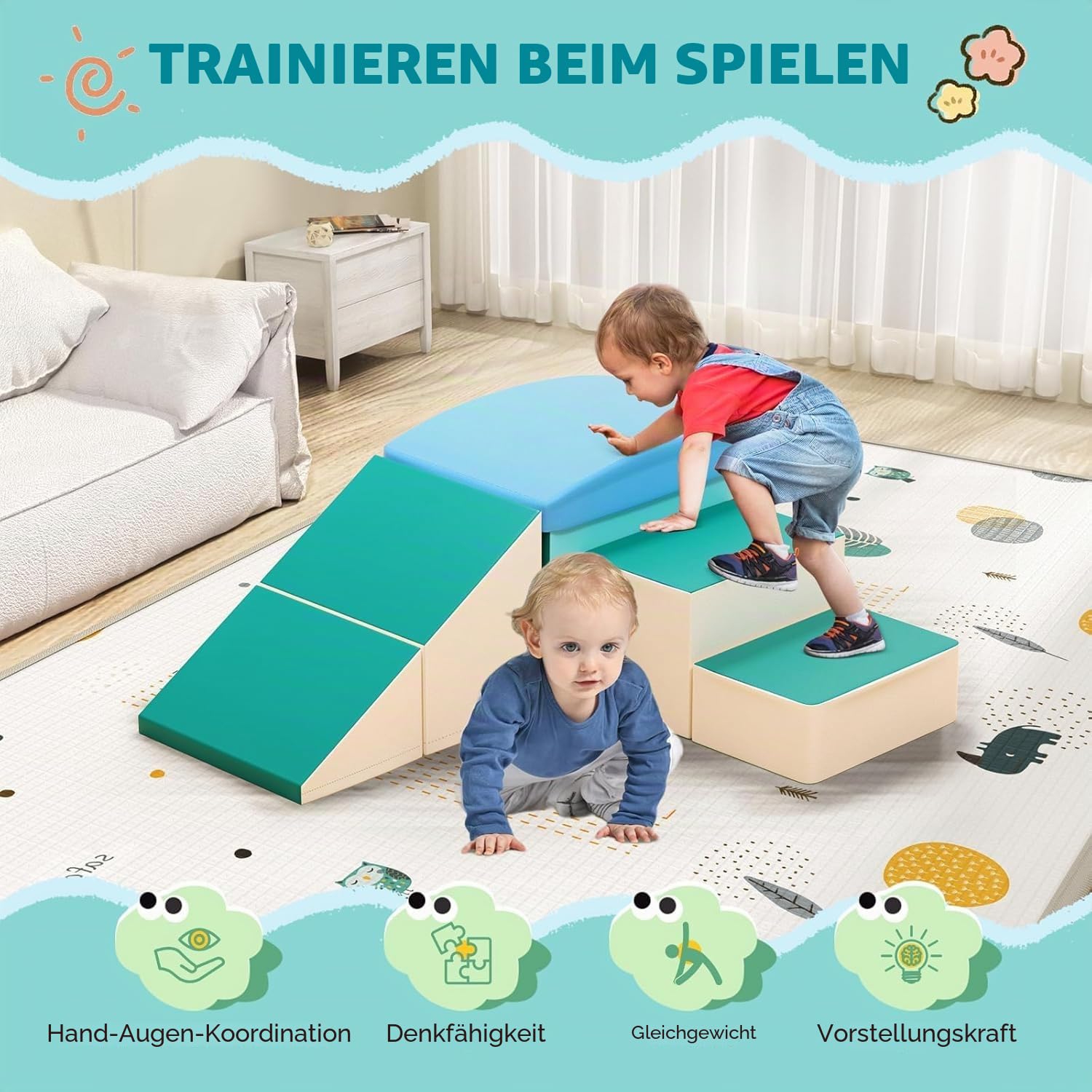 5-teilige Schaumstoff Bausteine für Kinder, weiche Spielbausteine mit Klettverschluss, hochdichter Perlenschaum mit PU-Bezug, rutschfeste Motorikbausteine zum Klettern Krabbeln