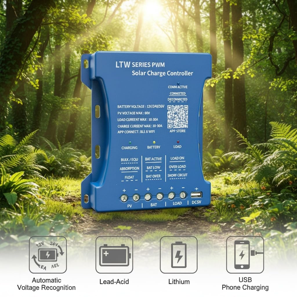 Regolatore solare 20A con WiFi & Bluetooth, PWM 12V/24V/36V per veicoli, ingresso PV 80V, regolazione tramite applicazione per batterie piombo-acido/LiFePO4/litio, ideale per camper/casa/installazione