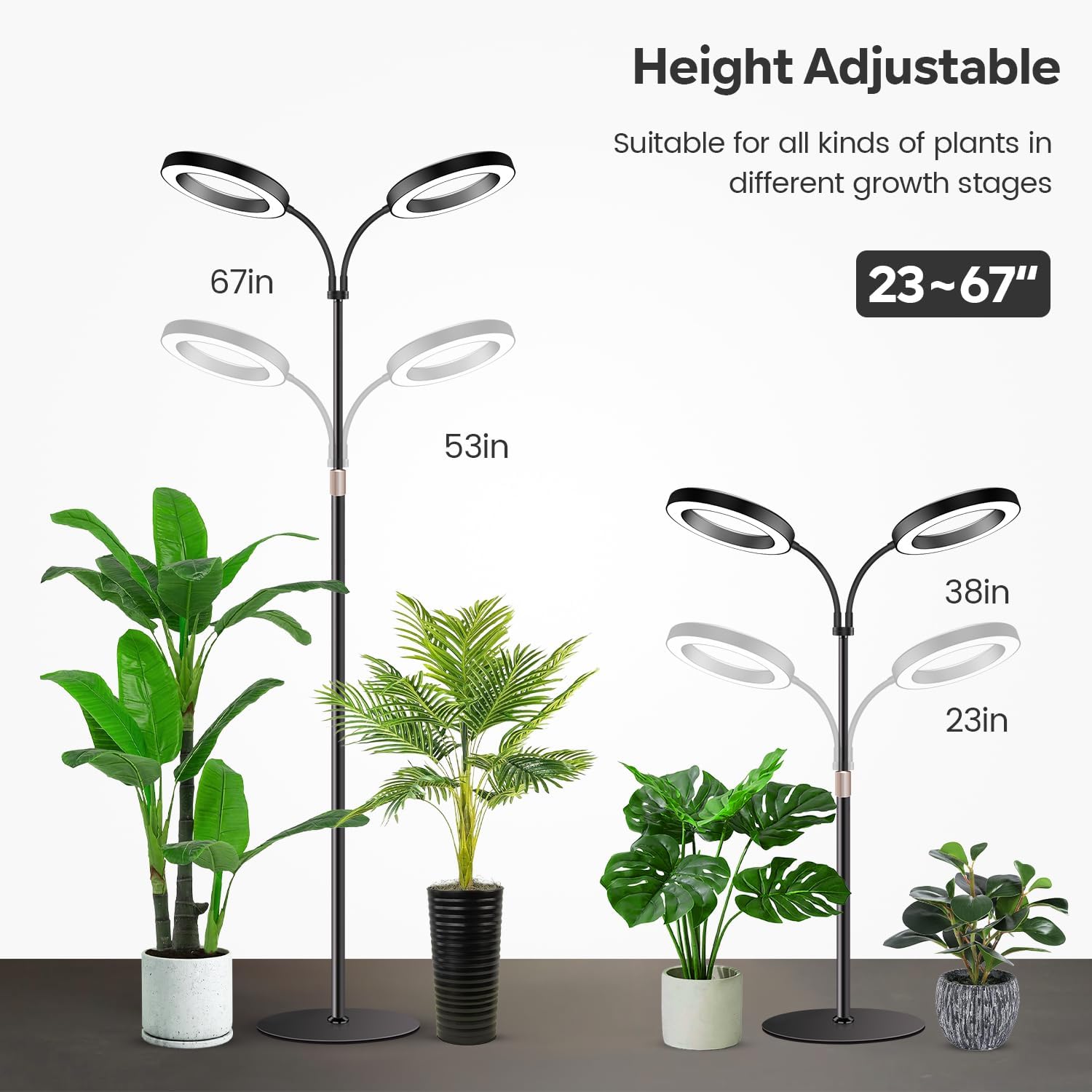 Garpsen Halo Grow Lights, Dual-Head Full Spectrum LED Plant Lights for Indoor Growing with Stand, 3 Color Modes Grow Lamp with Timer 6/12/16H, 5 Dimmable Levels, 168 LEDs and 67''Height Adjustable