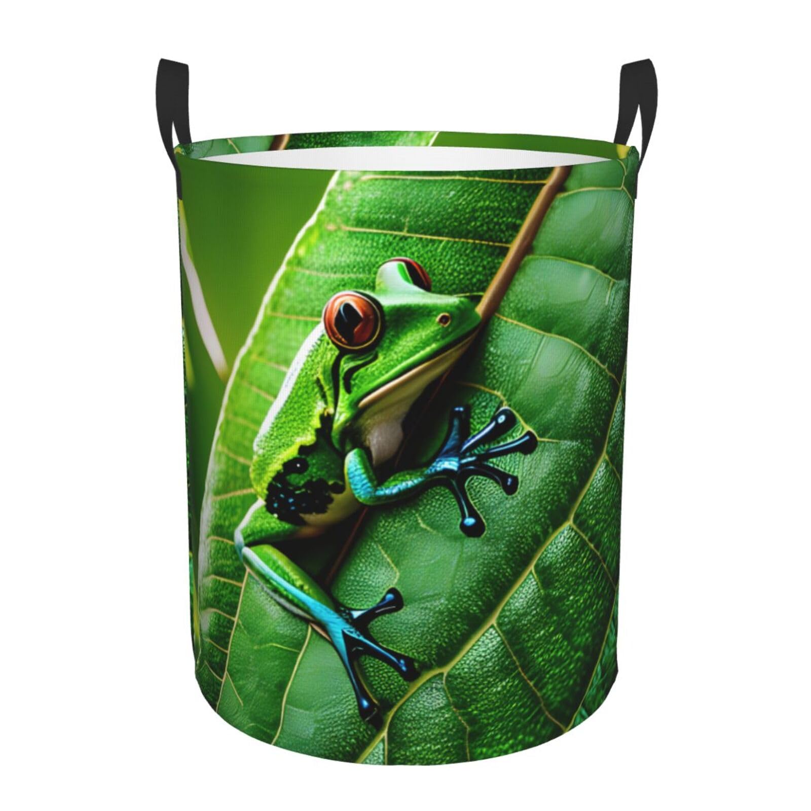 M Collapsible Laundry Hamper Round Frog Leaves Print Storage