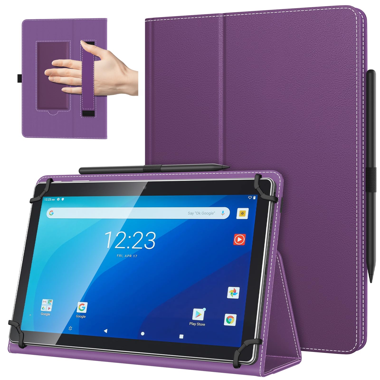 TiMOVO Universal Case for 10.1 Inch Android Tablet with Pen Loop, Lightweight Folding Stand Cover with Hand Strap for All 9.6"-11" Touchscreen Tablet, Dark Purple