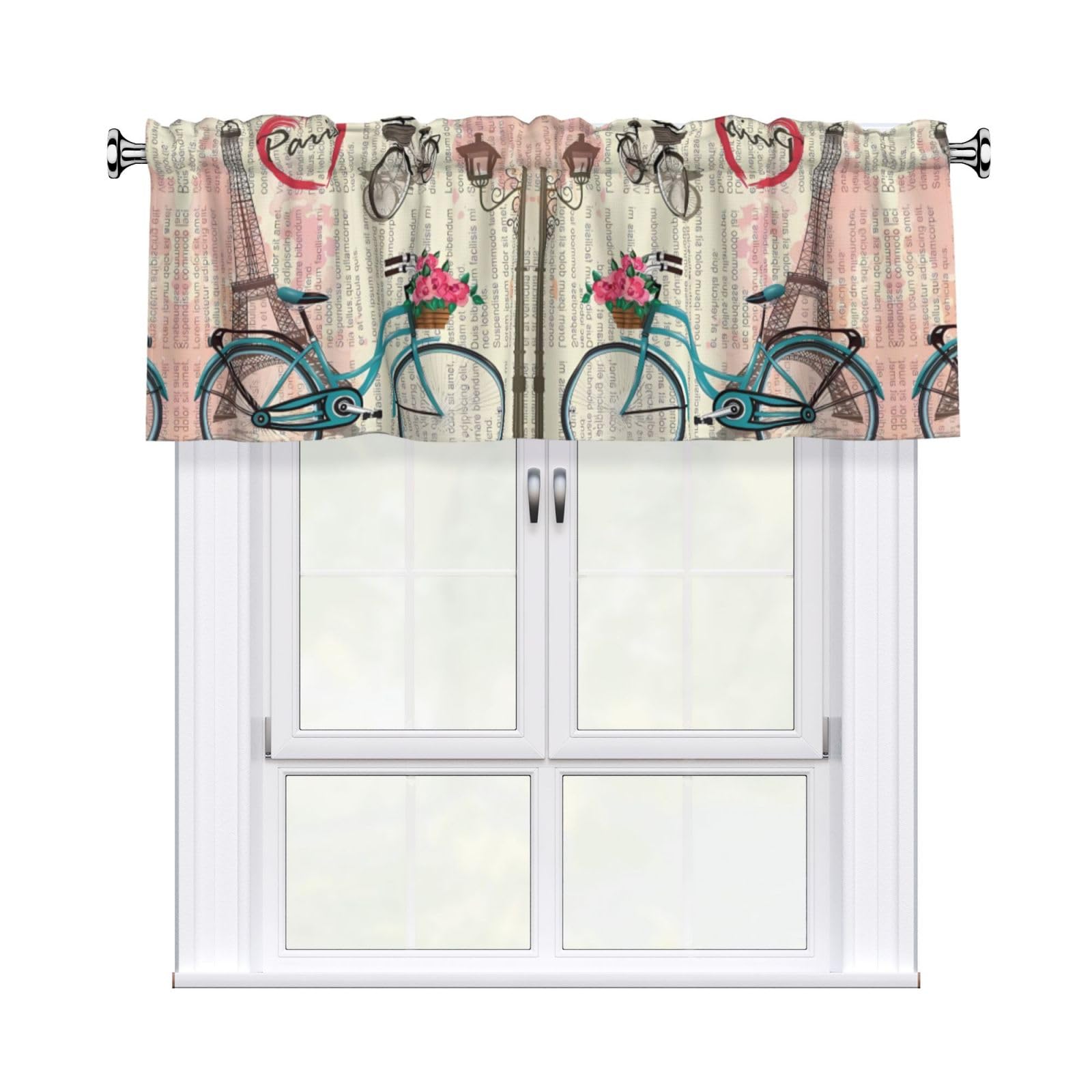 WHJSSF Eiffel Tower Bike Prints Housewarming Gift – Peach Skin Window Valance 54x18 for a Cozy Kitchen Refresh