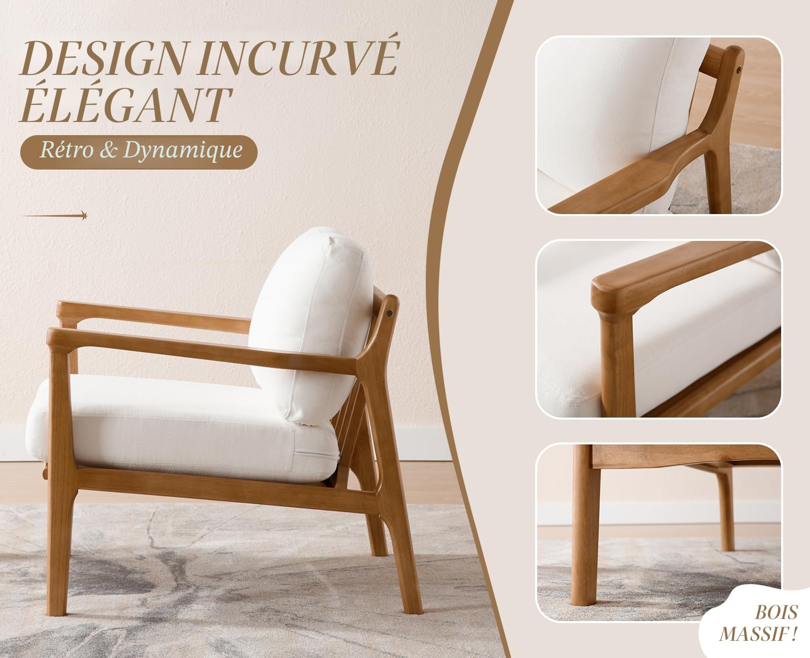 chairus Chaise de Salon Rétro, Fauteuil Crapaud, Pieds Bois, Beige
