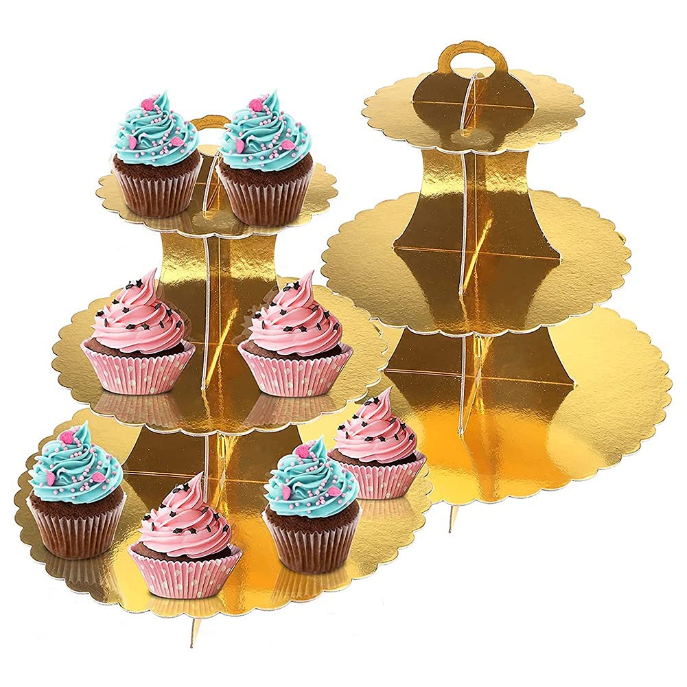 Nicfaky Cake Stands 3 Tier Cardboard Cupcake Stand Afternoon Tea Cake Stand Decorations for Christmas Golden