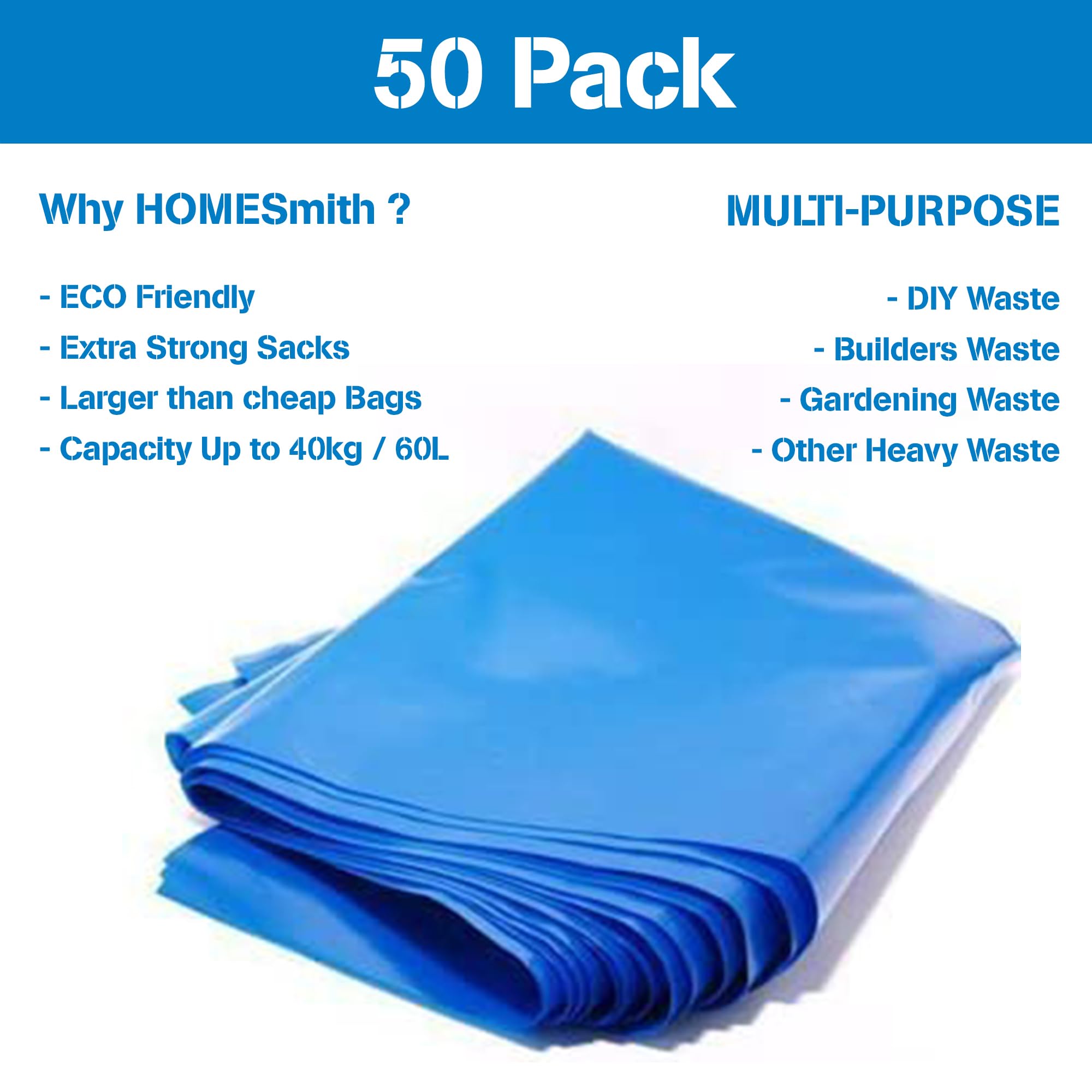 HOMESmith HSBB-050 BB2154221 - Sacos de escombros extrafuertes resistentes, plástico azul, 30 kg