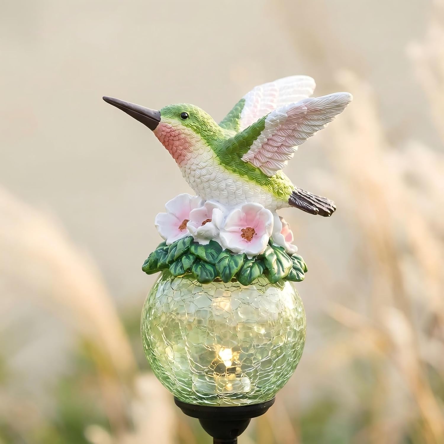 Solar Hummingbird Pathway Light, 30 Inch Resin Glass Crackle Globe Solar Powered, Garden Decorative Ground Insert Lamp for Lawn Patio Yard