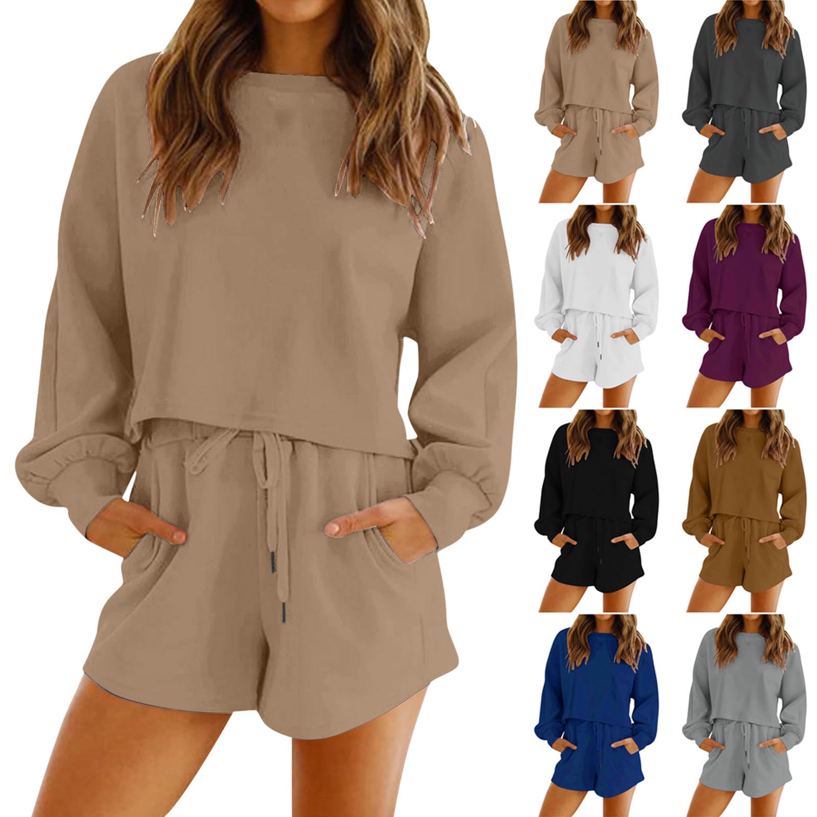 Womens 2 Piece Outfits Fall Sweatsuit Cropped Sweatshirt Matching Shorts Jogger Set Casual Loungewear Tracksuit