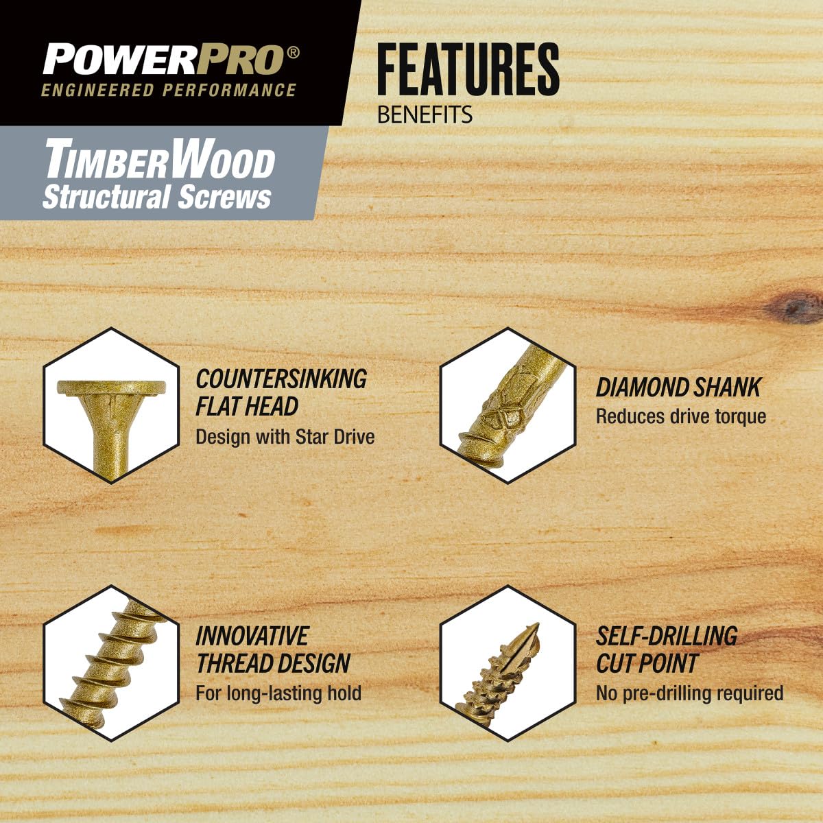 Power Pro 100 tornillos estructurales de madera con revestimiento epoxi (5/16 x 4 pulgadas) | Tornillos de cabeza plana avellanados para madera | Cierres exteriores con revestimiento epoxi multicapa |