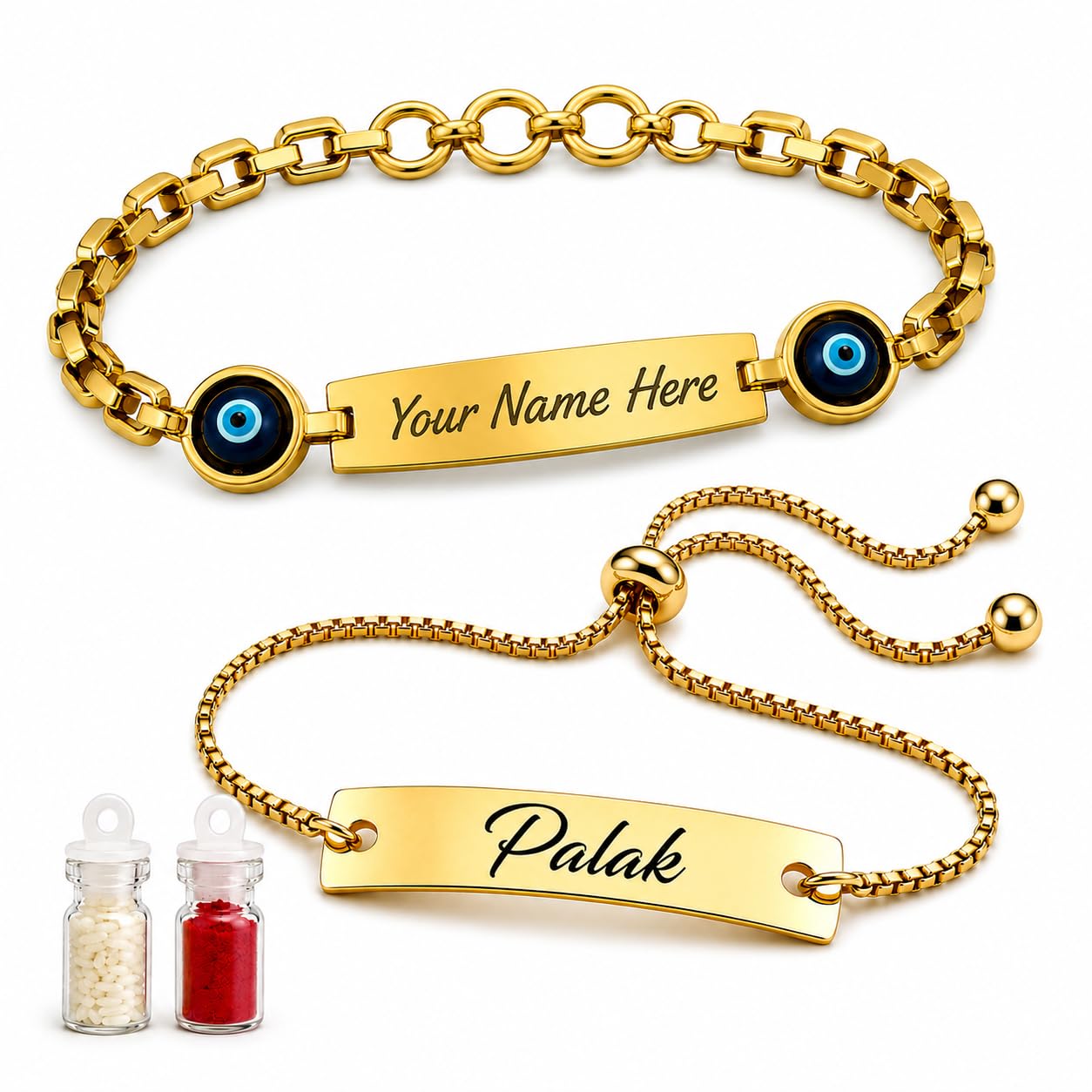 Personalized Bhai Bhabhi Rakhi Combo Set with Name | Evil Eye Bracelet Rakhis for Brother & Adjustable Lumba Rakhiya for Bhabhi | Customized Raksha Bandhan Gift Set Lumba Rakhis with Name | Bracelet Rakhi | Elegant Raksha Bandhan Gift-image-45
