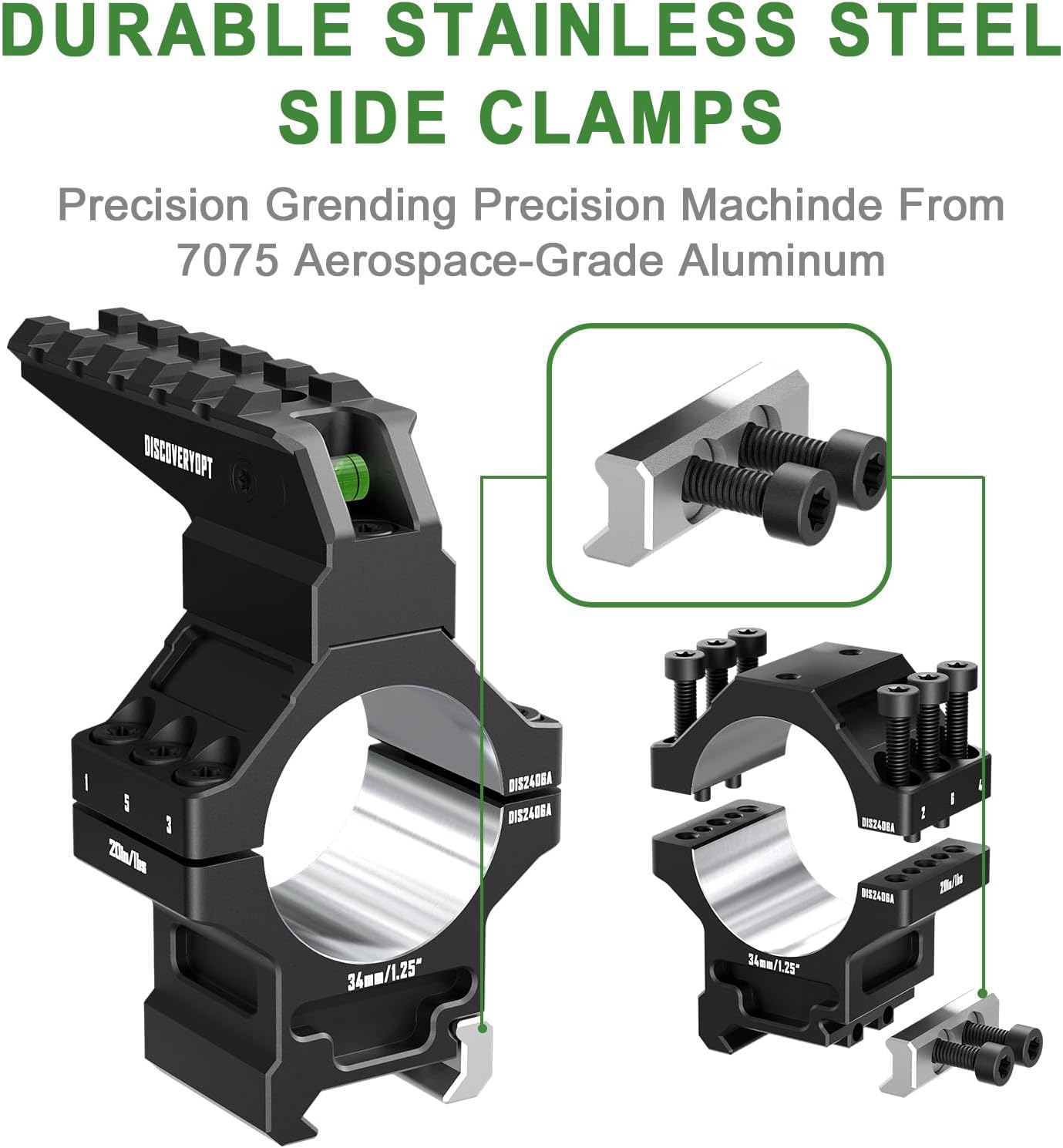 Heavy Duty Scope Rings-7075 Aluminum Precision Lapped Picatinny Mount with Bubble Level, Picatinny Rail, for Rifle Scope Mounting