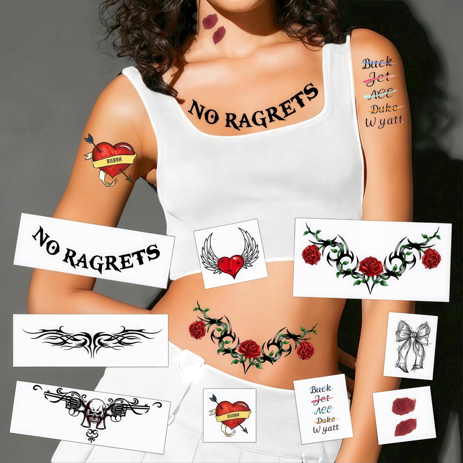 Photo 1 of Female White Trash 9-Pack Temporary Tattoos for Halloween & Costumes – Realistic Fake Hickeys, Tramp Stamp Designs, Hillbilly Party Attire (Easy Waterproof Fake Tattoos)