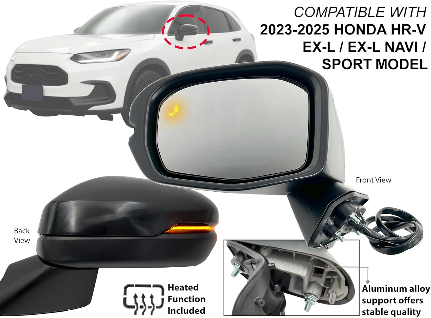 APA Replacement for Exterior Rear View Mirror Power Heated with BSD and Turn Signal Light 2023-2025 HR-V EX-L/EX-L Navi/Sport Model Driver Left Side 762583W0A43 HO1320359