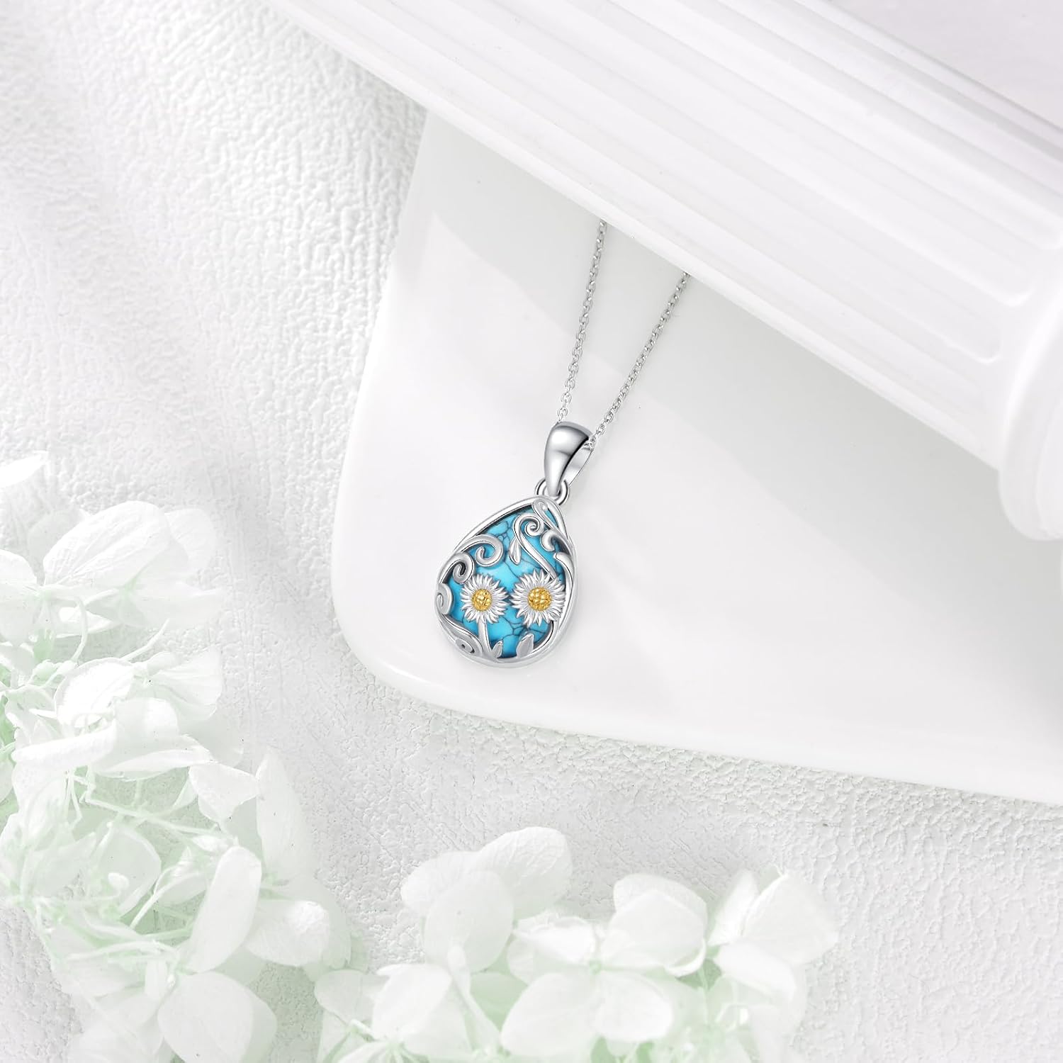 YFN Black Obsidian/Moonstone/Turquoise/Moss Agate Sunflower Filigree Teardrop Pendant Necklace Jewelry for Women - 925 Sterling Silver - Image 6