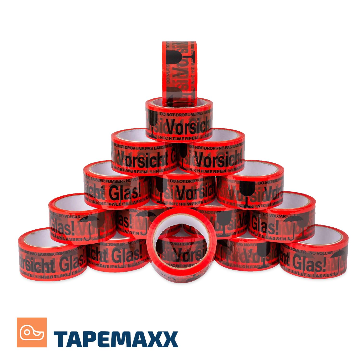 FYBR TAPEMAXX Vorsicht Glas 36 Rollen rotes Klebeband Achtung Bruchgefahr Caution Glass Fragile Paketband Zerbrechlich Warnung Packband Schwarz Piktogramm Paket (36 Rollen)