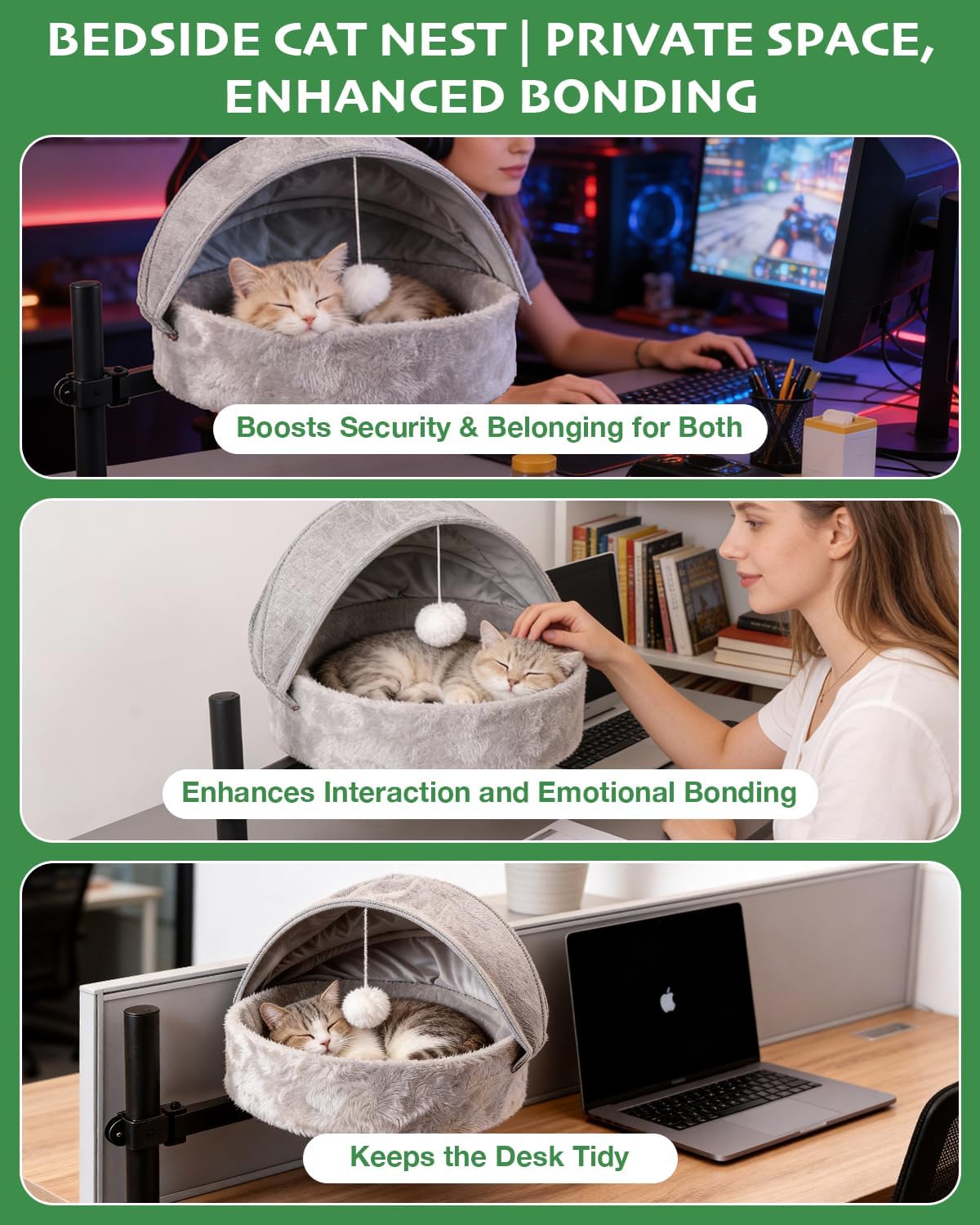 Cat Desk Bed for Large Cats Up to 44lbs, Heavy Duty 360° Rotating Cat Hammock for Desk with Foldable Canopy & Toy Ball, Adjustable Raised Desktop Cat Nest for Office, Reversible Summer & Winter Mat