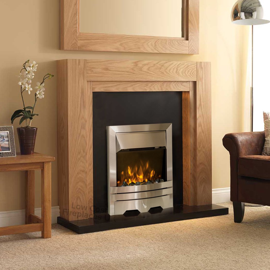 Electric Oak Wood Surround Black Flat Wall Silver Flame Fire Set LED Fireplace Suite Large 54"