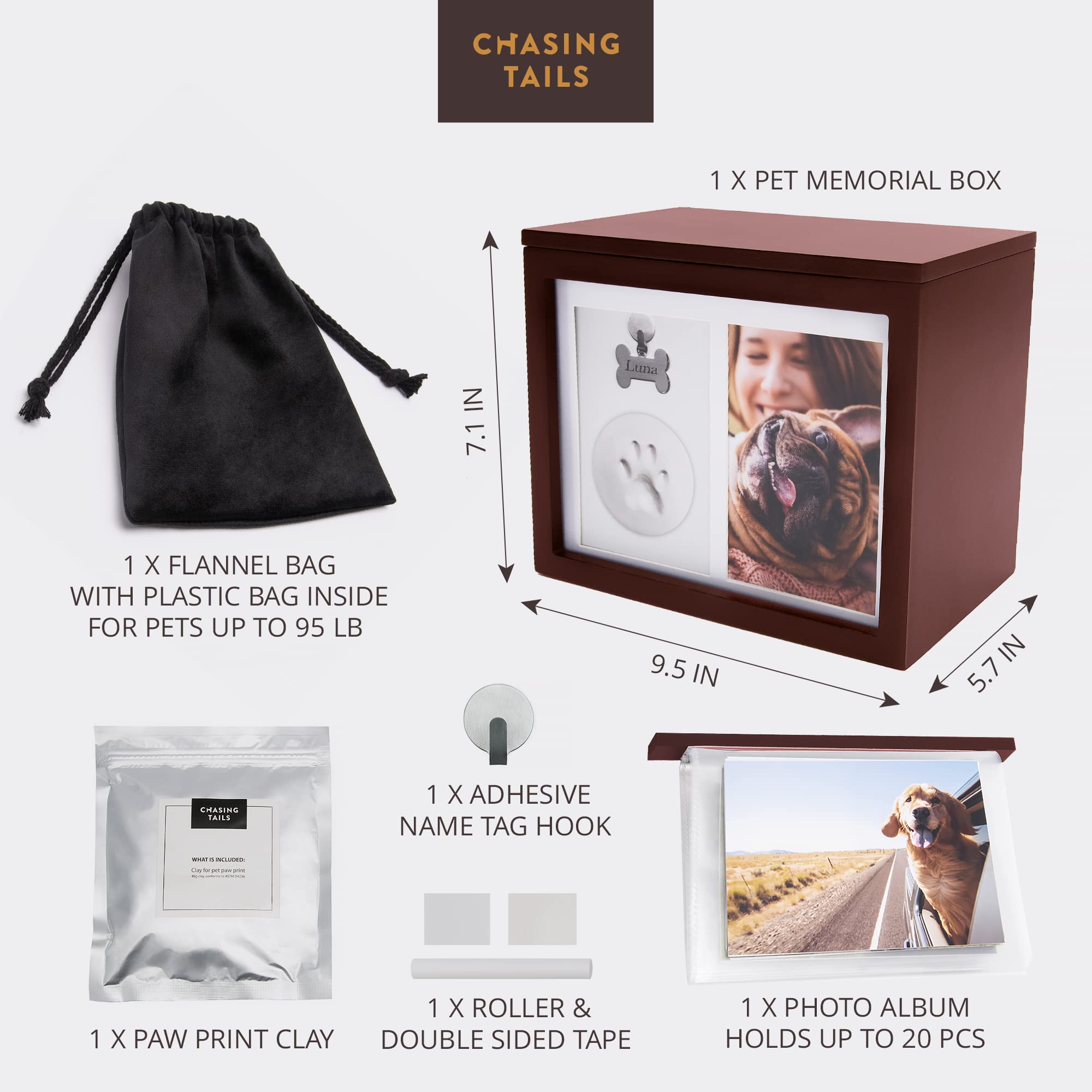 Chasing Tails Urne Commemorative per Cani per Ceneri – Urne Commemorative per Cani per Ceneri Personalizzate, urne per Gatti per Ceneri per Cani Piccole – Include Kit per Stampa di Zampe, Cornice e