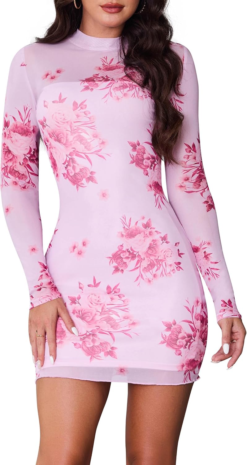 ABMOIU Sexy Print Long Sleeve Mini Dress for Women Bodycon Mock Neck 2 Piece Party Club Dresses