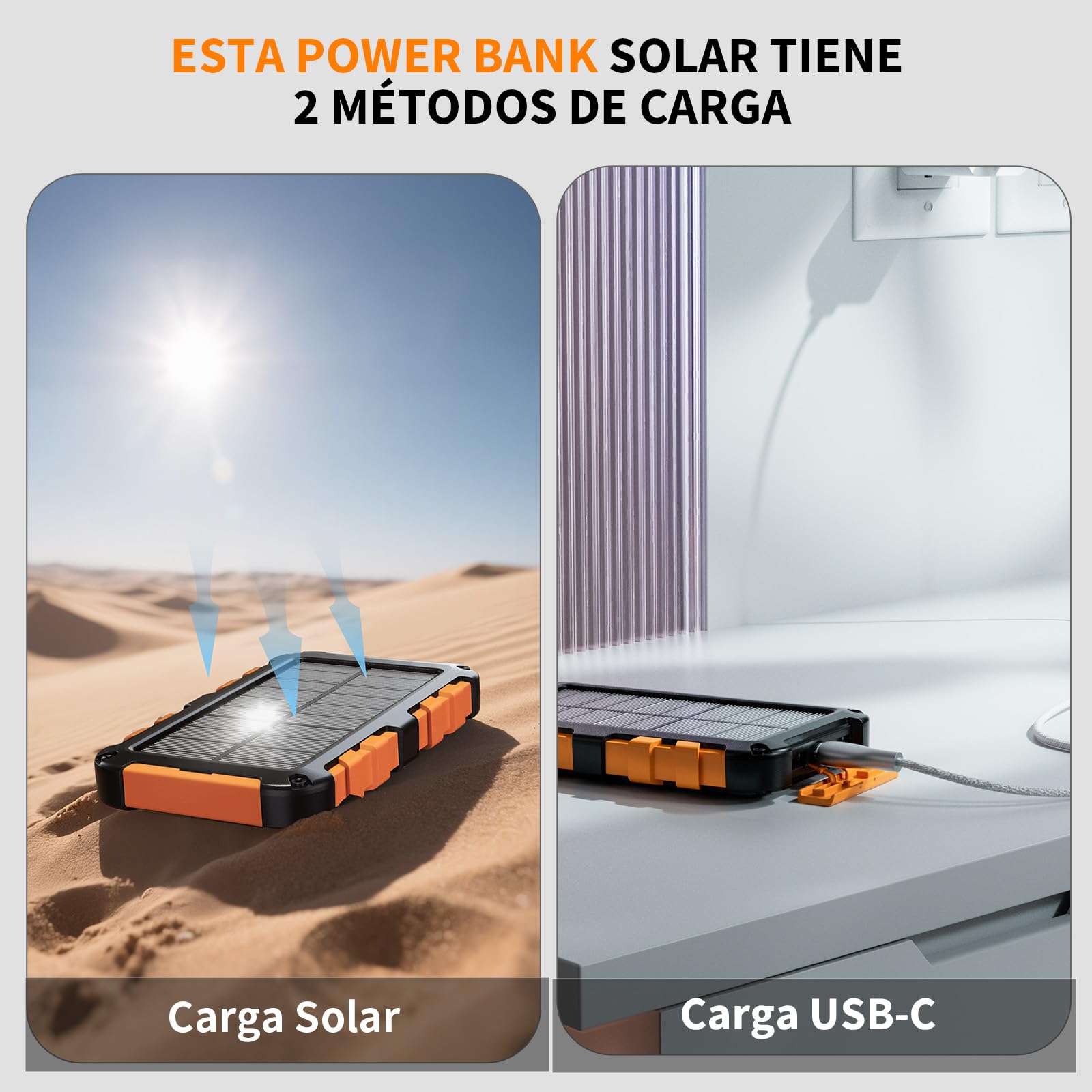 Cargador Solar 10000 mAh Power Bank Solar, Bateria Externa con Carga Rápida 22,5W Impermeable IPX4 2 Puertos USB + Linterna LED Compatible con Smartphones Tablets Camping y Emergencias Naranja