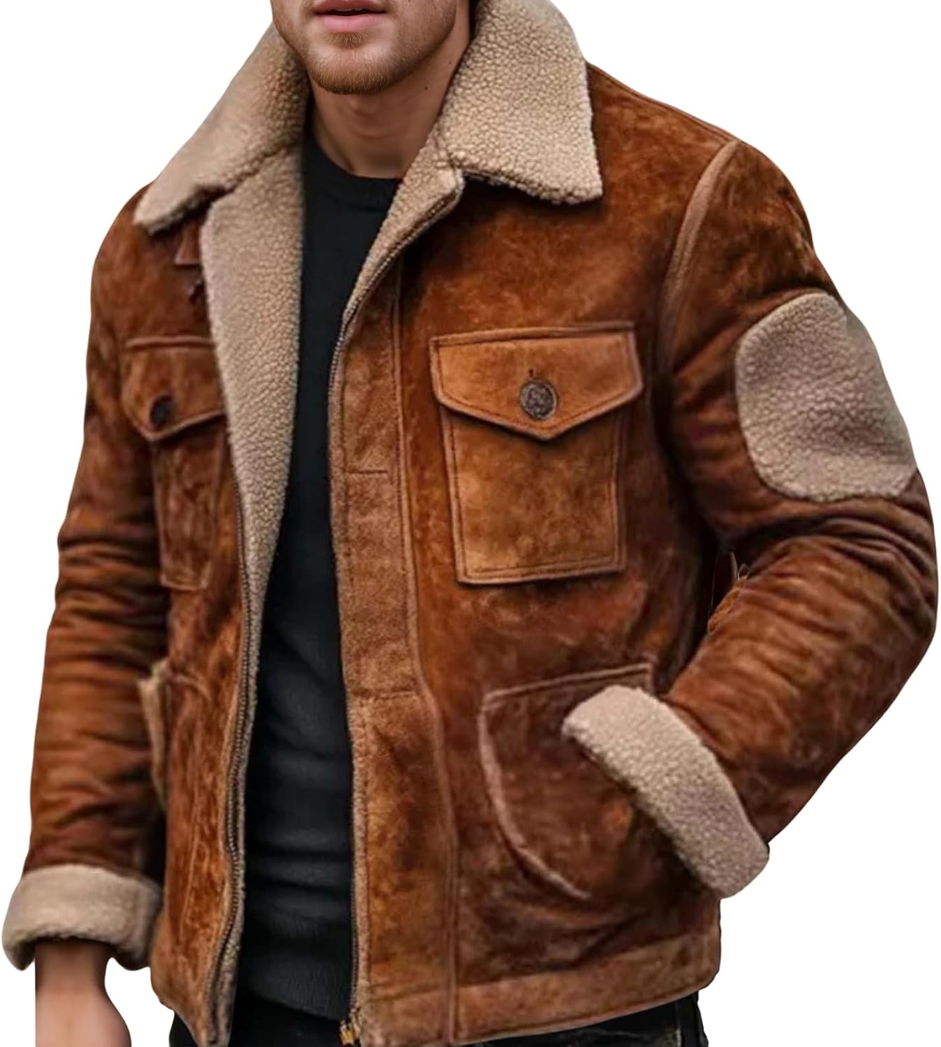 Men Winter Jacket Sherpa Lined Faux Leather Jackets Vintage Suede Plush Reversed Collar Mens Outdoor Coat Retro Top
