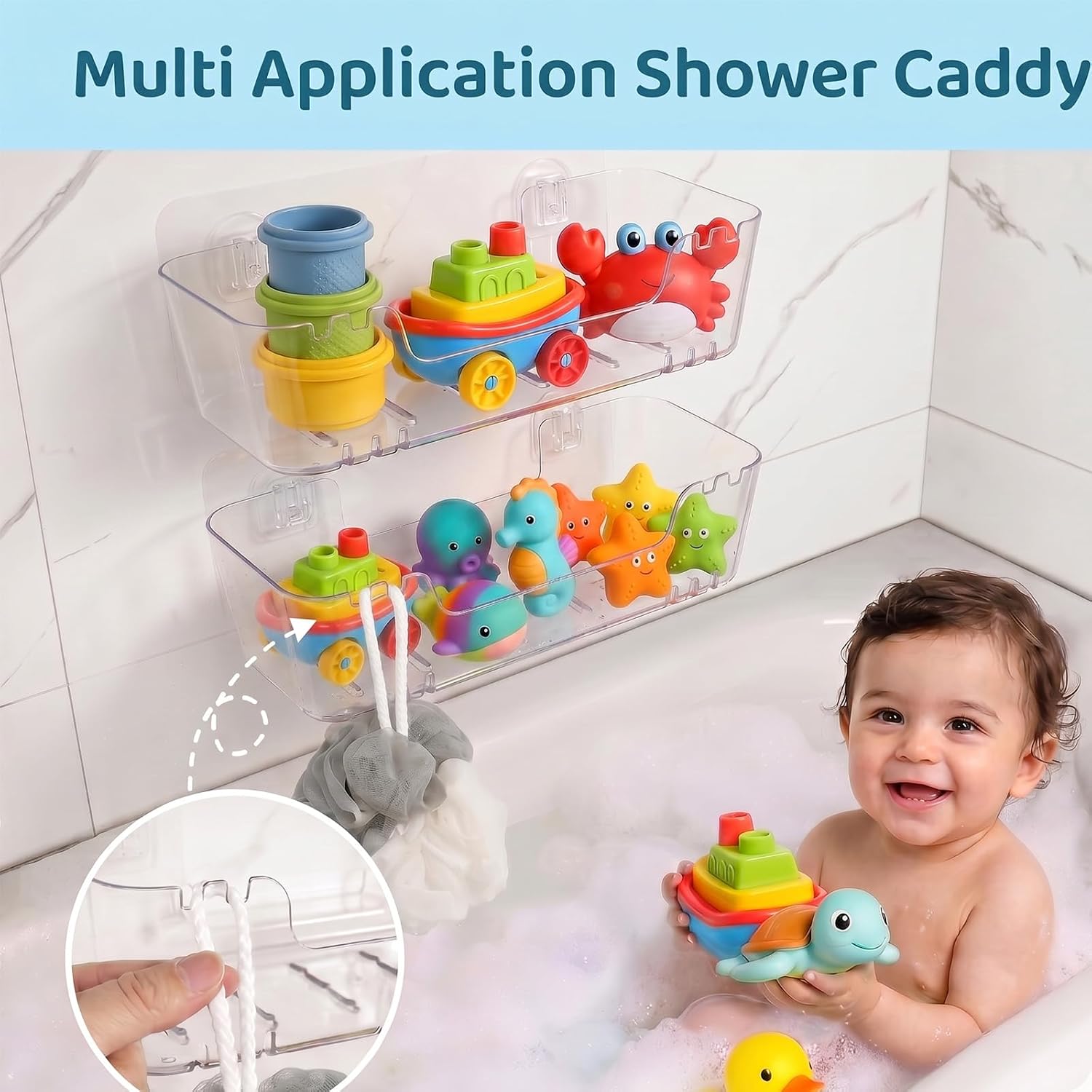 Bath Toy Storage Organizer, 2 Pack Large Capacity Bathtub Toy Holder with Drain Holes, No Drill Wall Mounted Shower Basket, Durable Plastic Quick-Dry Drainable Storage for Bathroom