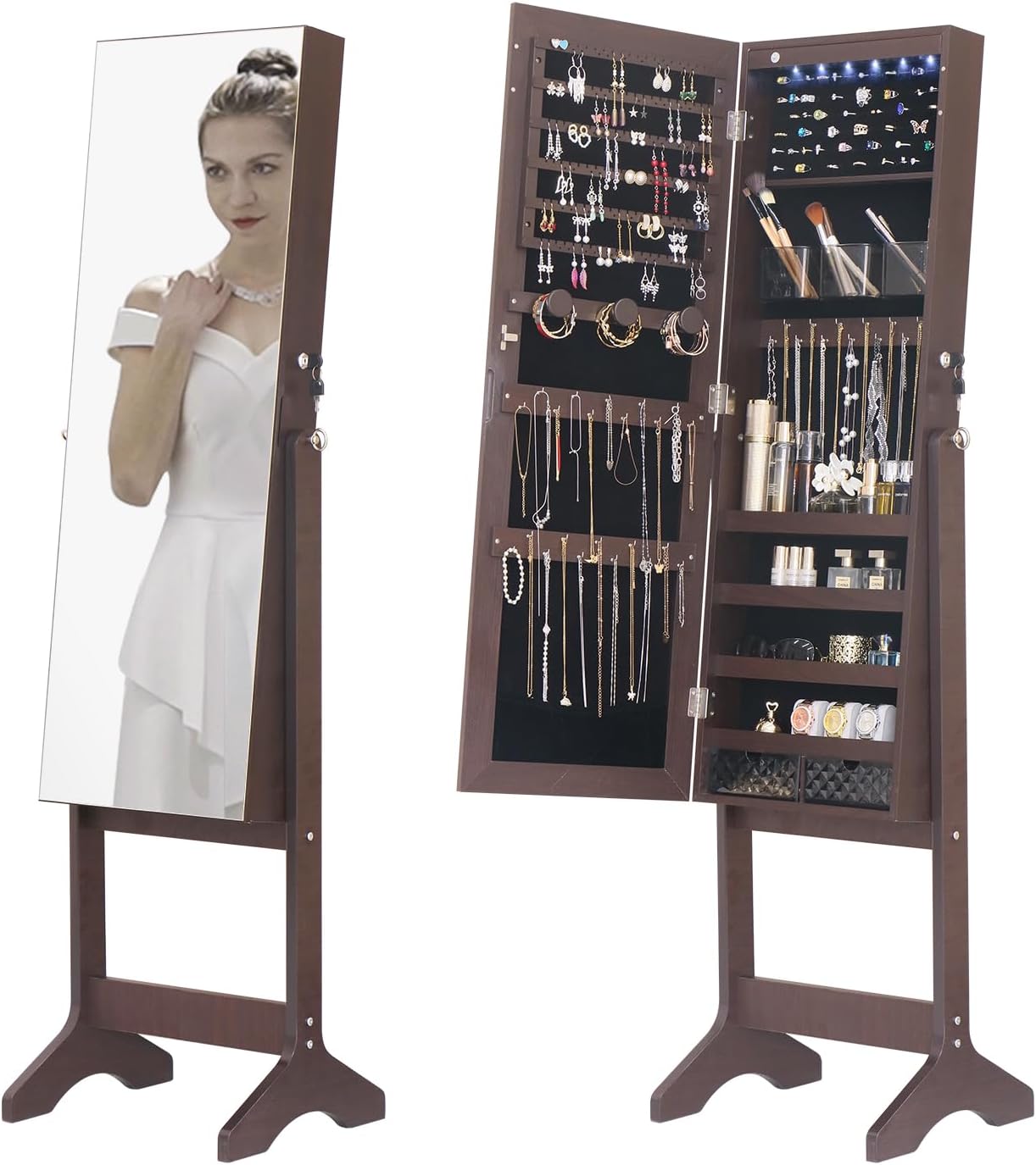 Full Length Mirror Jewelry Cabinet Capacity Jewelry Cabinet With Magnetic Lock Jewelry Armoire Organizer with Lock & LED Lights (Brown, 3.9"x14.5"x61" LED lIGHTS)